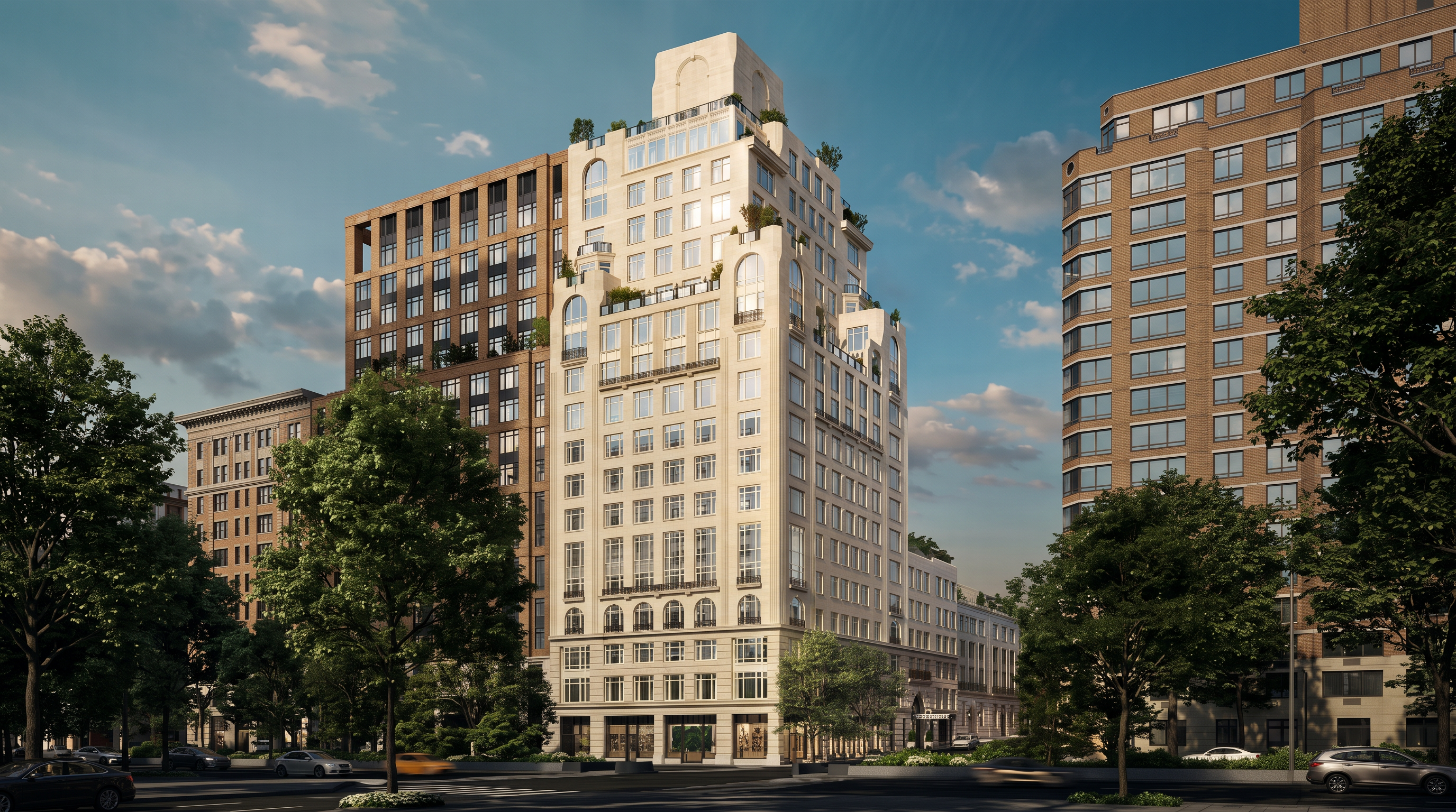 This image presents a low-angle, cinematic perspective of a grand, multi-story limestone-clad residential building in a dense urban setting. The architecture features classical detailing, including arched windows, decorative cornices, and multiple setbacks that create private terraces at various levels. The building is flanked by mature trees and adjacent structures, conveying a sense of established luxury and sophisticated city living.