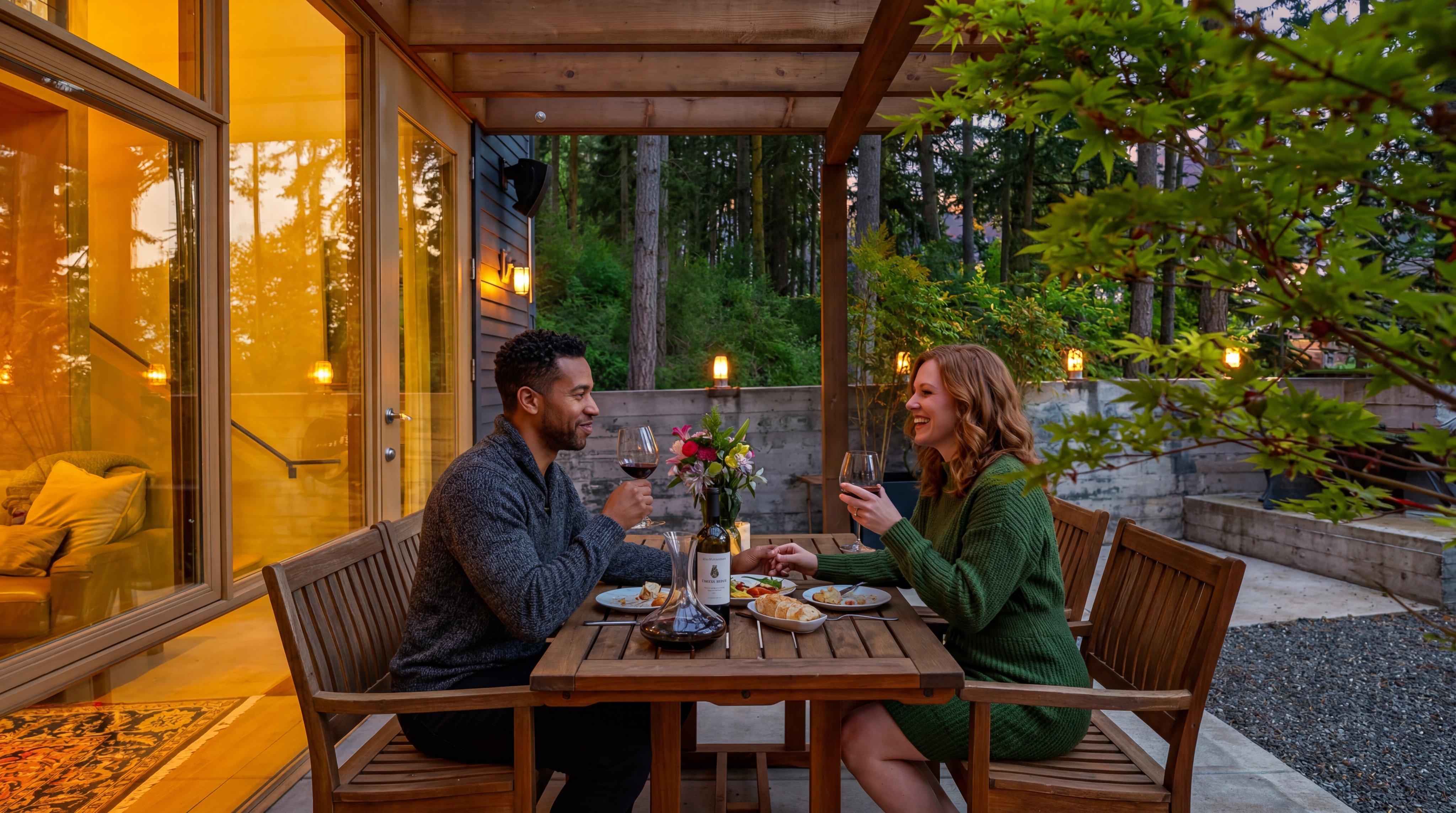 This inviting outdoor patio features a wooden pergola structure extending from the home, providing a shaded dining area with a wooden table and chairs. Large glass panels offer a seamless view into the interior living space, while the concrete patio overlooks a landscaped yard with a concrete retaining wall and mature trees. The warm lighting from the home creates a cozy, cinematic atmosphere perfect for evening relaxation.