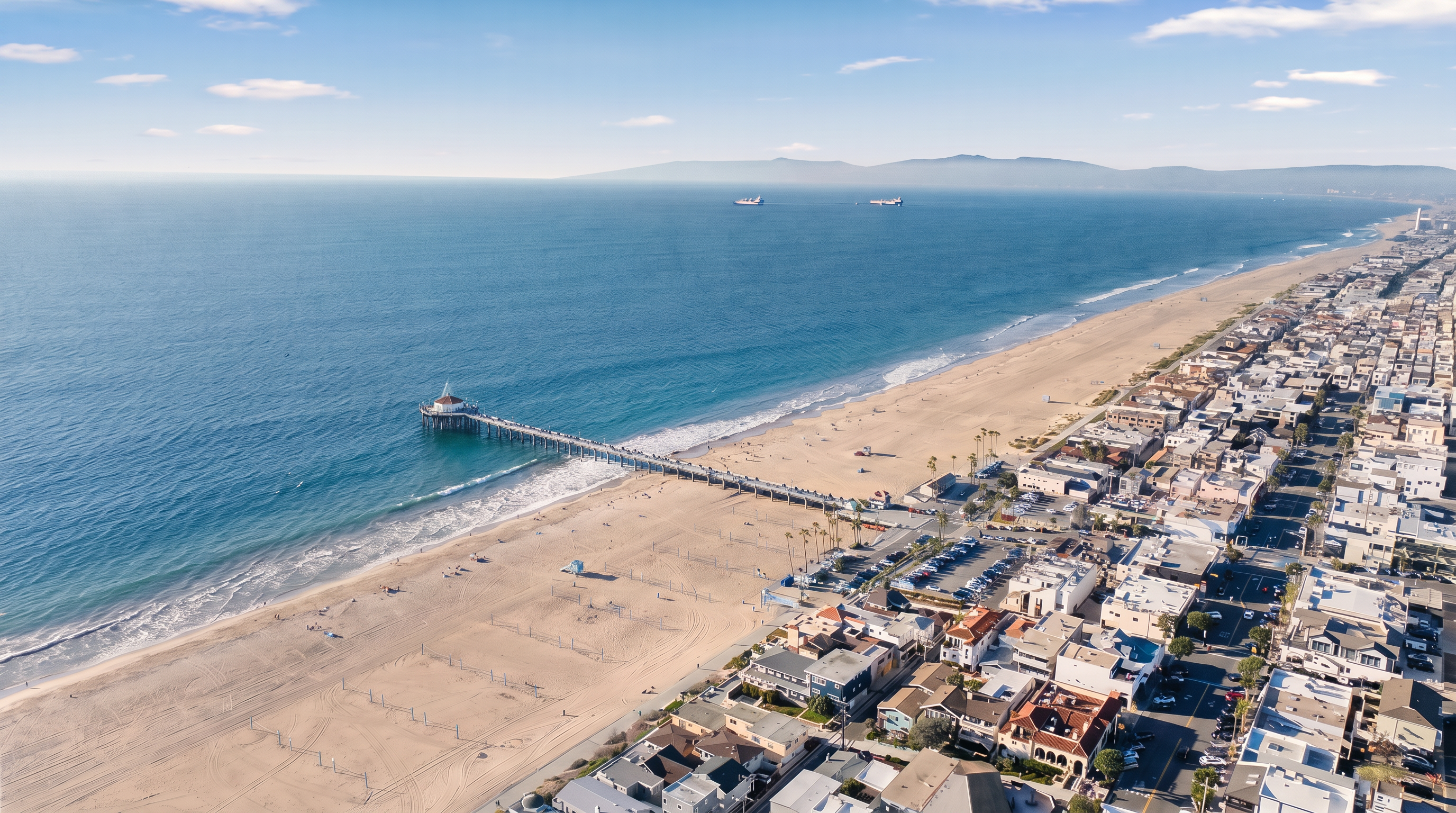 This high-angle aerial view captures a prime coastal location, showcasing a residential property marked by a location pin situated just steps from a wide, sandy beach. The perspective highlights the proximity to a prominent pier extending into the ocean, with the surrounding neighborhood featuring a dense collection of homes and streets. The expansive blue horizon and clear sky emphasize the desirable beachside lifestyle and scenic environment.