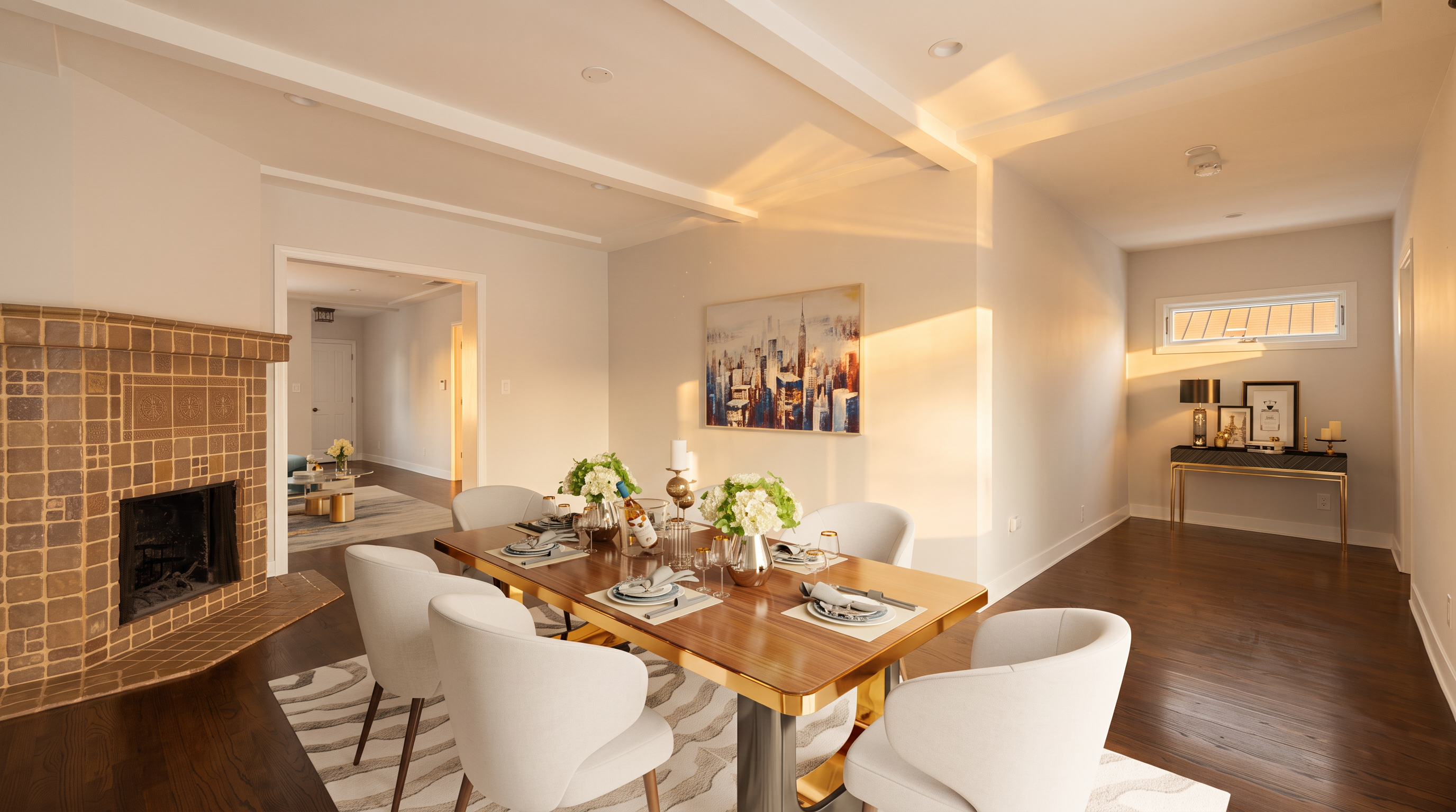 This elegant dining room features a central wooden table surrounded by six modern white chairs, set atop a textured area rug. To the left, a fireplace with a decorative tile surround adds a warm focal point, while a console table sits against the far wall beneath a small window. The space is bright and open, with a neutral color palette and a view into an adjacent room, creating a sophisticated and inviting atmosphere.