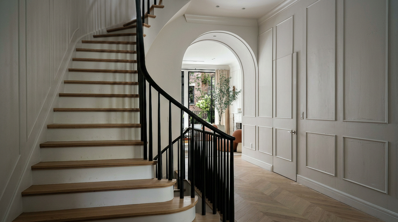 This elegant interior view captures a grand curved staircase with light wood treads and a striking black railing, serving as the focal point of the entryway. An arched doorway leads into a bright, sunlit living space, creating a seamless transition between areas. The home features sophisticated herringbone hardwood flooring and classic wall paneling, conveying a sense of refined, high-end architectural design.