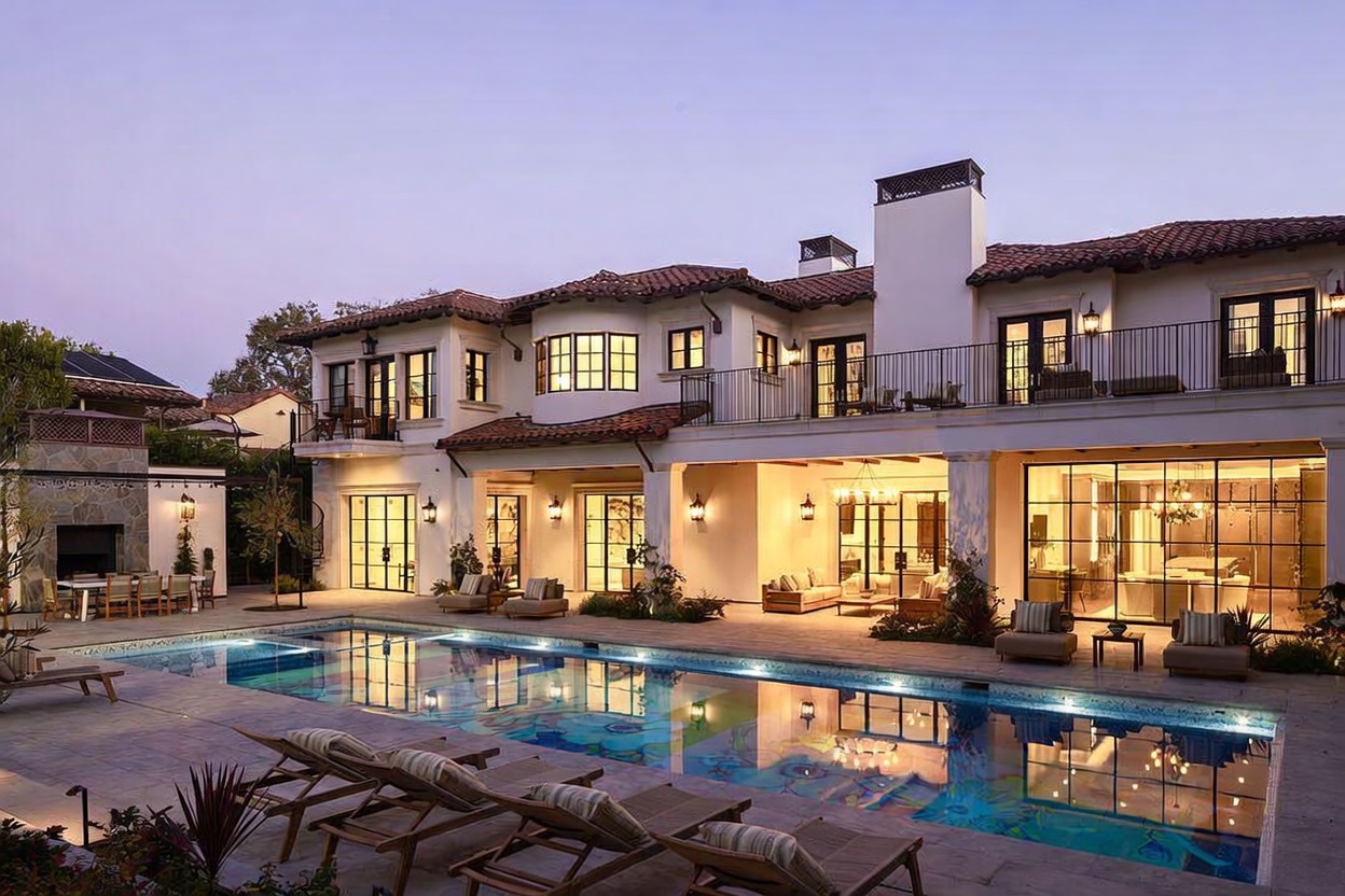 This luxurious Mediterranean-style estate features a sprawling rear exterior with a large swimming pool as the focal point. The home showcases a white stucco facade, a red-tiled roof, and extensive outdoor living spaces, including a covered patio and an upper-level balcony with iron railings. The scene is captured at dusk, with warm interior lighting glowing through large windows and glass doors, creating an inviting and sophisticated atmosphere.