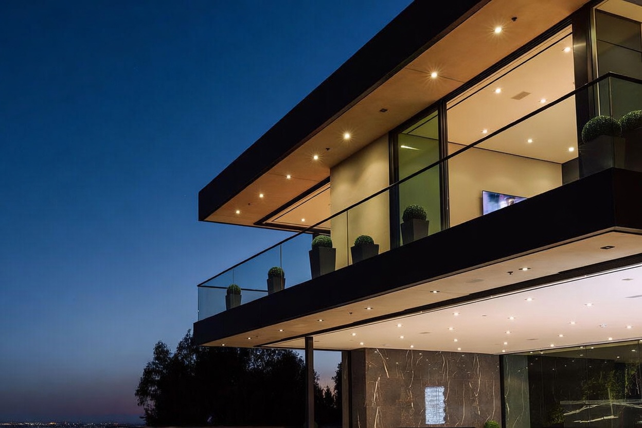 This striking modern architectural exterior features a cantilevered balcony with glass railings and integrated recessed lighting, captured during the twilight hour. The structure showcases a sophisticated blend of dark stone cladding and expansive floor-to-ceiling glass walls, creating a seamless indoor-outdoor aesthetic. The perspective emphasizes the home's sleek, contemporary design and elevated position against a deep blue evening sky.
