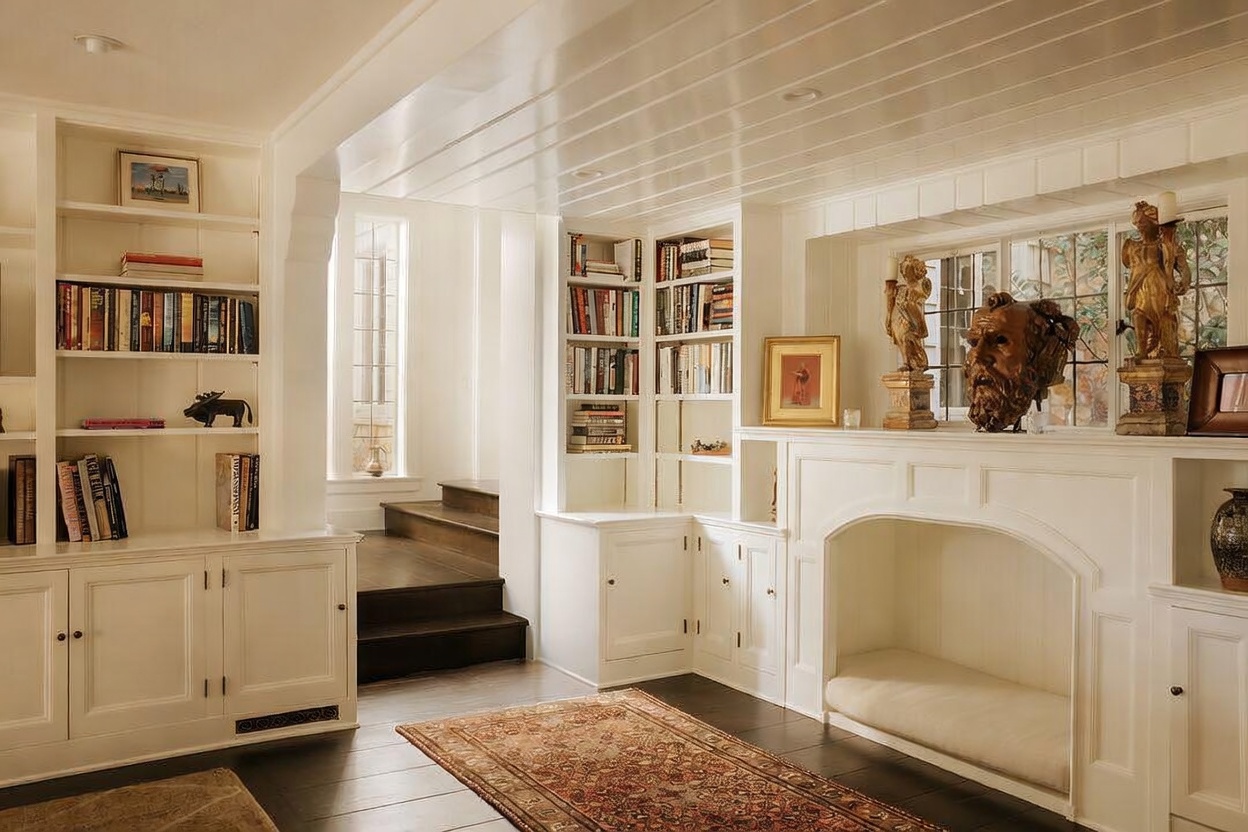 This elegant living room features custom built-in white bookshelves and cabinetry that frame a cozy, arched window seat. The space is accented with sophisticated decor, including classical-style sculptures and a rich, patterned area rug atop dark hardwood floors. The room exudes a refined, traditional charm with its clean lines and warm, inviting atmosphere.