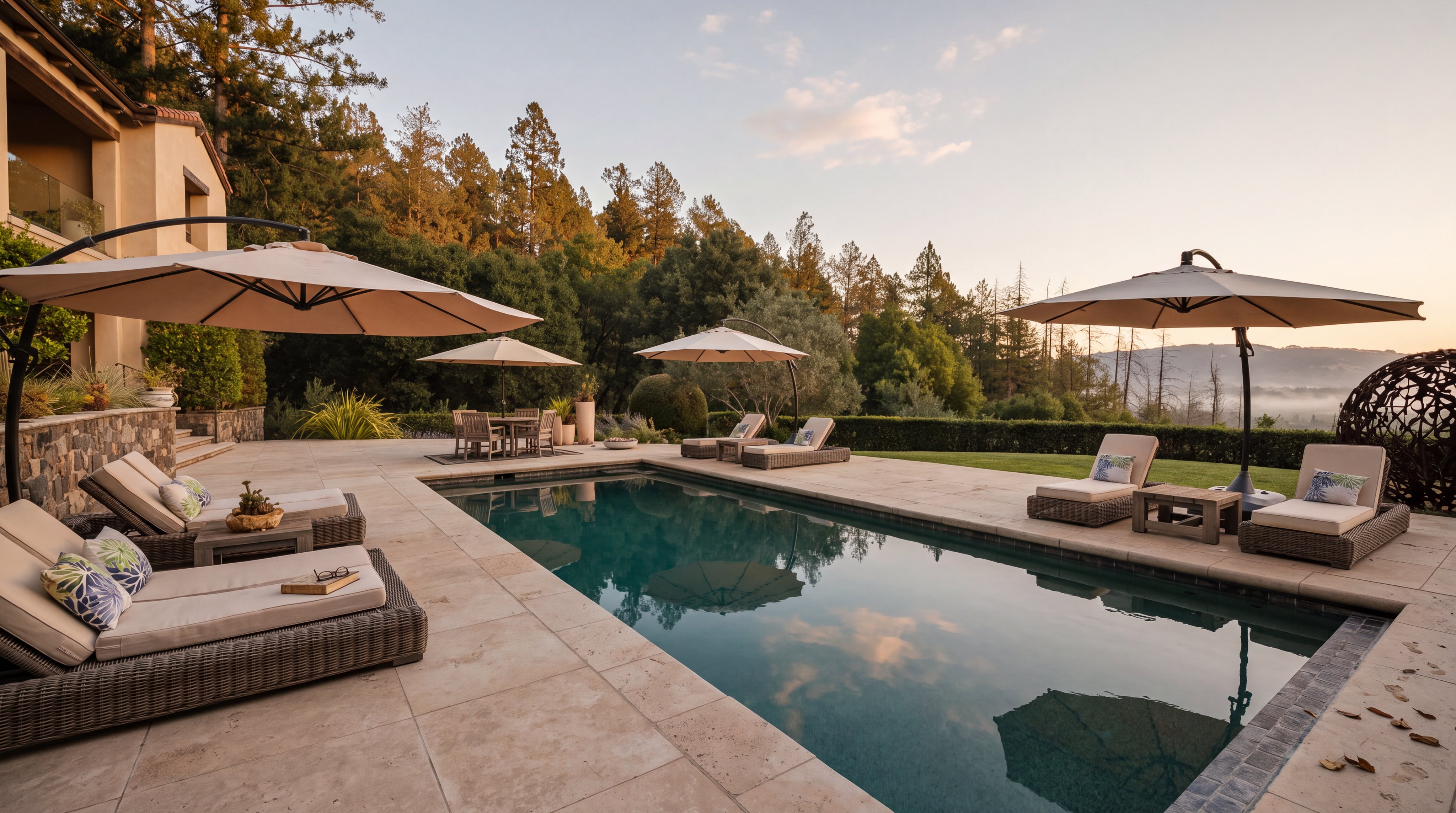 This luxurious outdoor living space features a rectangular swimming pool surrounded by light-toned stone decking and multiple lounge chairs shaded by large umbrellas. The area is framed by a manicured hedge and offers expansive, scenic views of the rolling hills and forest in the background. The setting is serene and upscale, designed for relaxation and entertaining in a private, sun-drenched environment.