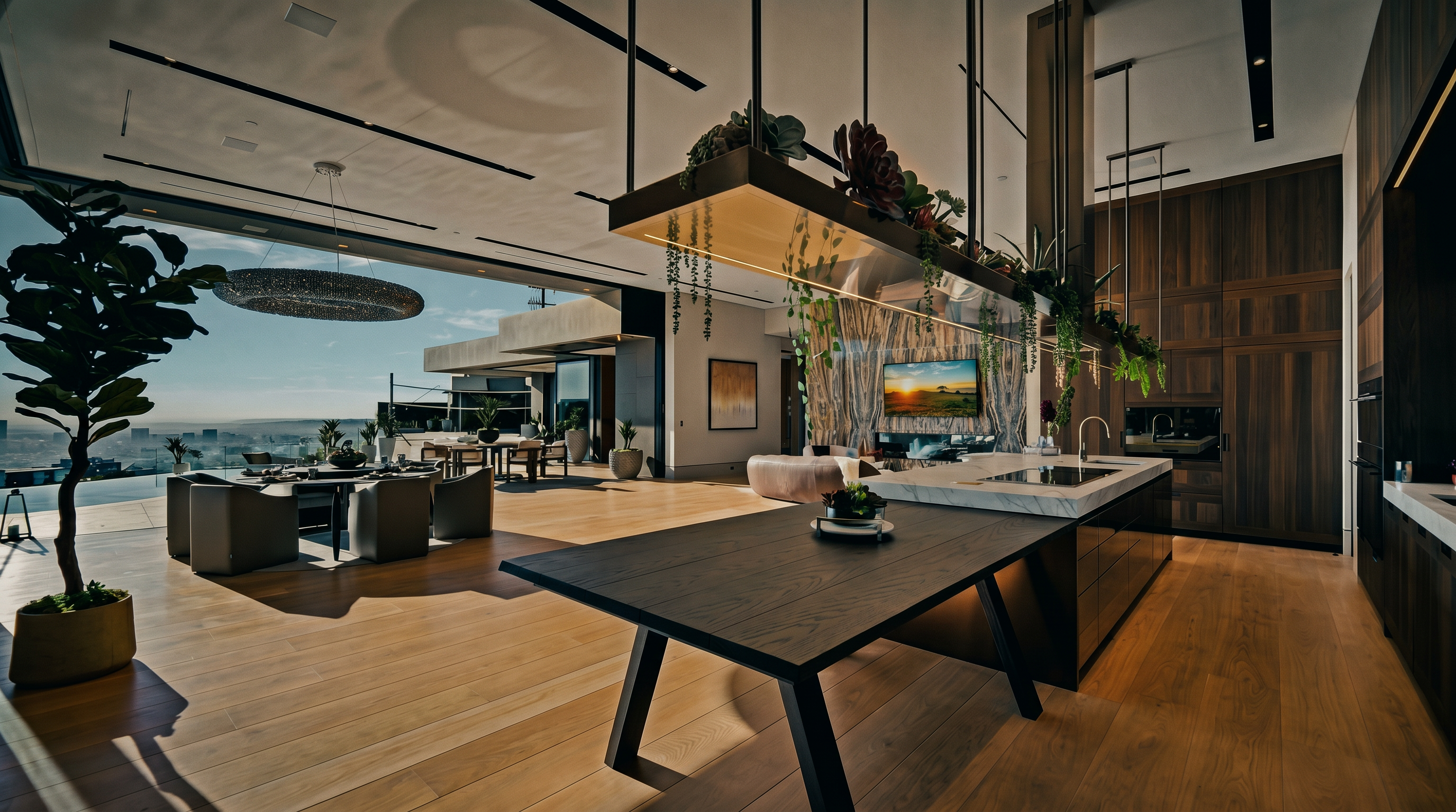 This ultra-modern, open-concept kitchen features a massive island with a dark wood dining extension and a sleek marble-topped workspace. A striking suspended planter box hangs above the island, while floor-to-ceiling glass walls slide open to reveal a seamless transition to an expansive outdoor patio with panoramic city views. The space is defined by high-end finishes, warm wood cabinetry, and a sophisticated, airy atmosphere perfect for luxury entertaining.