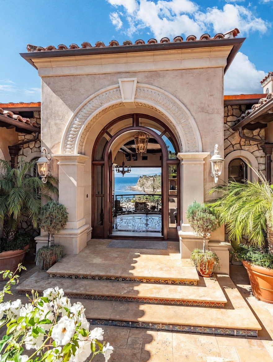 This grand Mediterranean-style entryway features a prominent arched stone doorway with intricate decorative molding and a heavy wood-framed glass door. The entrance is elevated by stone steps adorned with patterned tile risers, flanked by potted topiary trees and wall-mounted lanterns. Through the open doorway, a clear view of the ocean and a balcony with ornate iron railings creates a seamless transition between the luxurious interior and the coastal landscape.