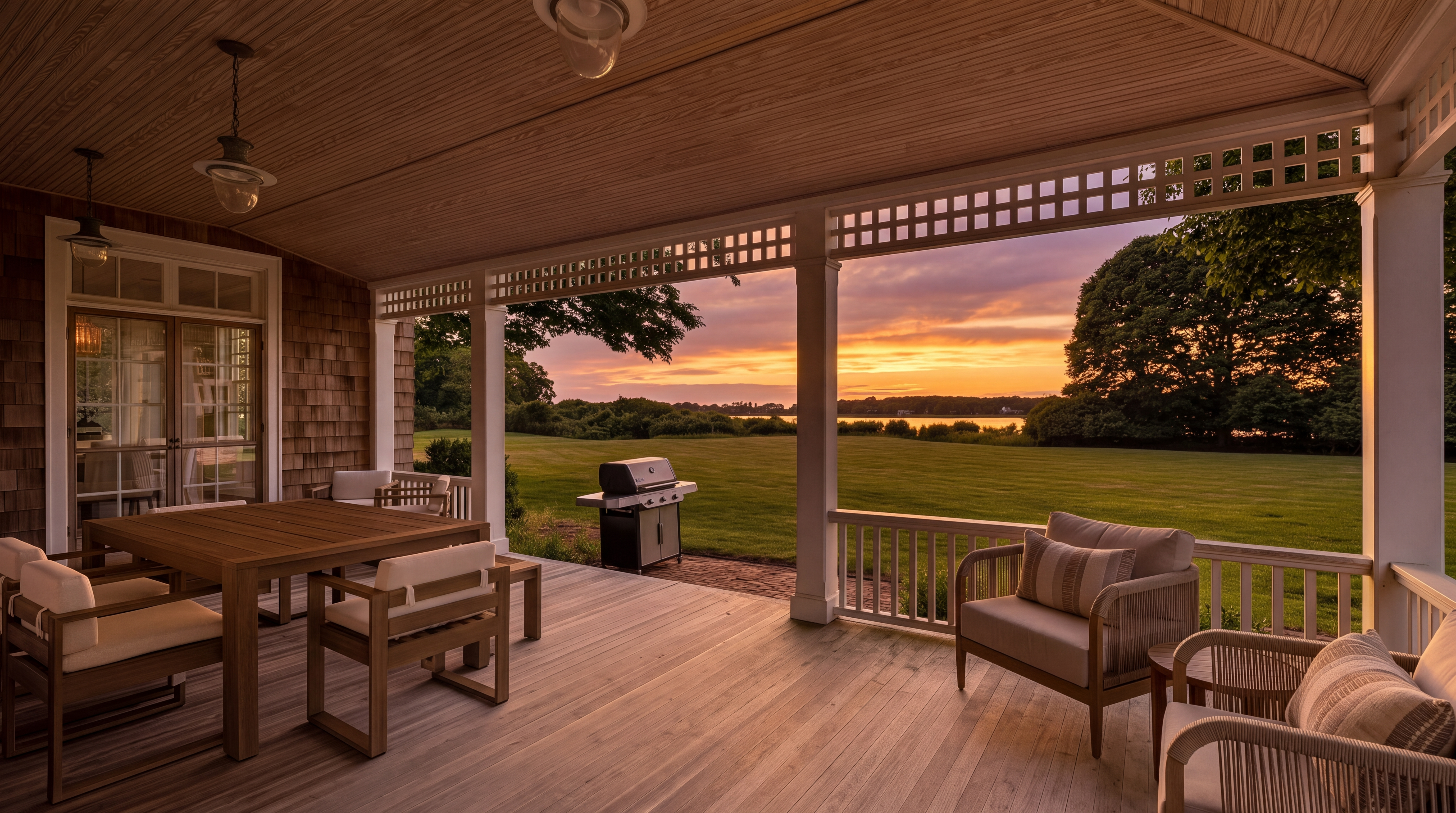 This serene, covered deck offers a perfect vantage point for sunset views over a lush, expansive lawn and distant water. The space is elegantly furnished with a wooden dining set and comfortable armchairs, creating an inviting atmosphere for outdoor relaxation or entertaining. The overall design features classic shingle-style architecture and high-quality finishes that seamlessly blend indoor and outdoor living.