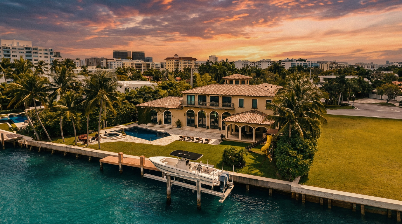 This aerial view captures a luxurious waterfront estate featuring a Mediterranean-style residence with a terracotta tile roof. The property boasts a private swimming pool, a spacious green lawn, and a boat lift positioned over the turquoise canal. The scene is framed by lush palm trees and offers a clear perspective of the home's expansive outdoor living areas and its prime location along the water.