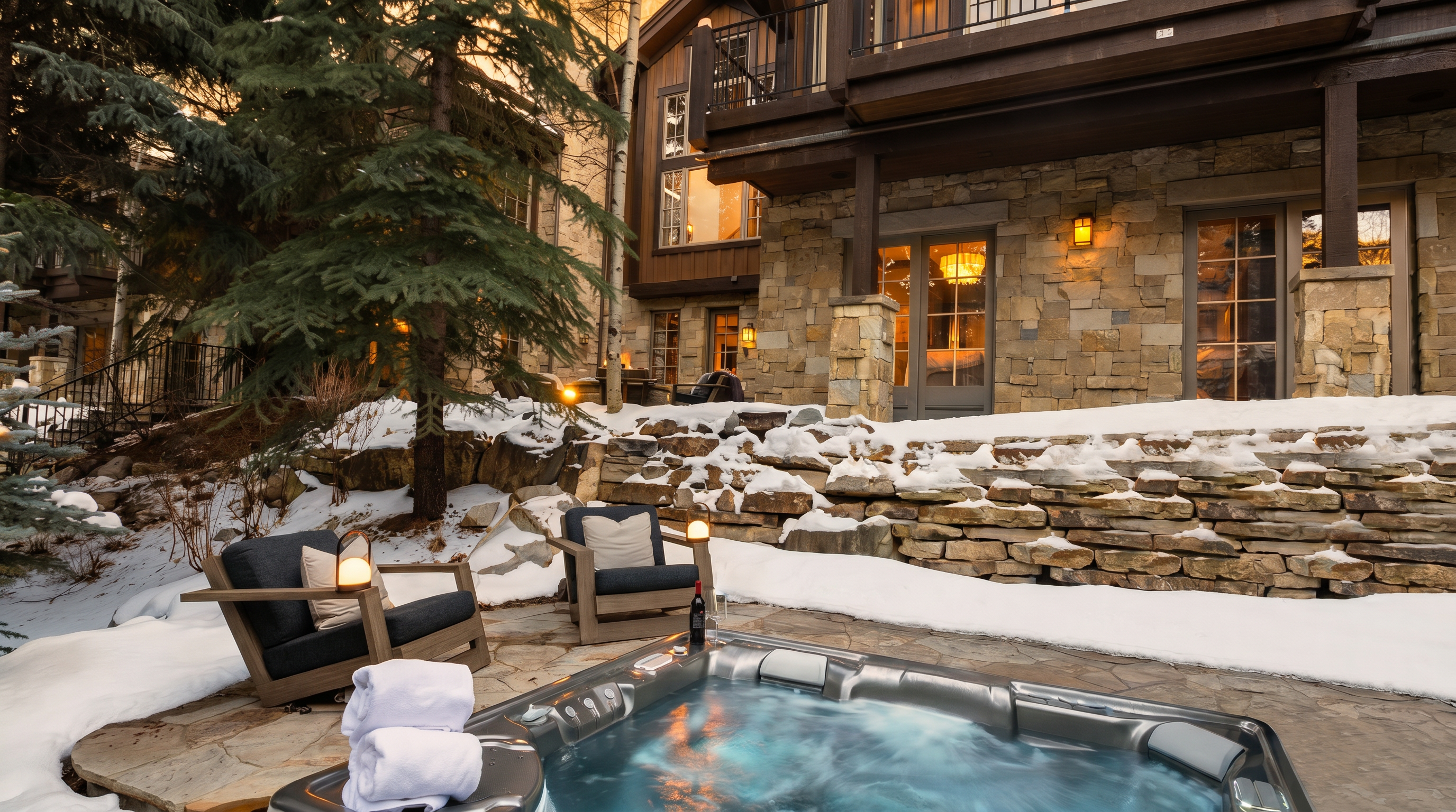 This image captures a luxurious outdoor spa area set against a rustic, multi-story mountain home with stone and wood siding. A steaming hot tub sits on a stone patio in the foreground, accompanied by two comfortable lounge chairs and a bottle of wine, while snow-covered terrain and evergreen trees frame the scene. The perspective is low and inviting, emphasizing the cozy, high-end atmosphere of this private winter retreat.