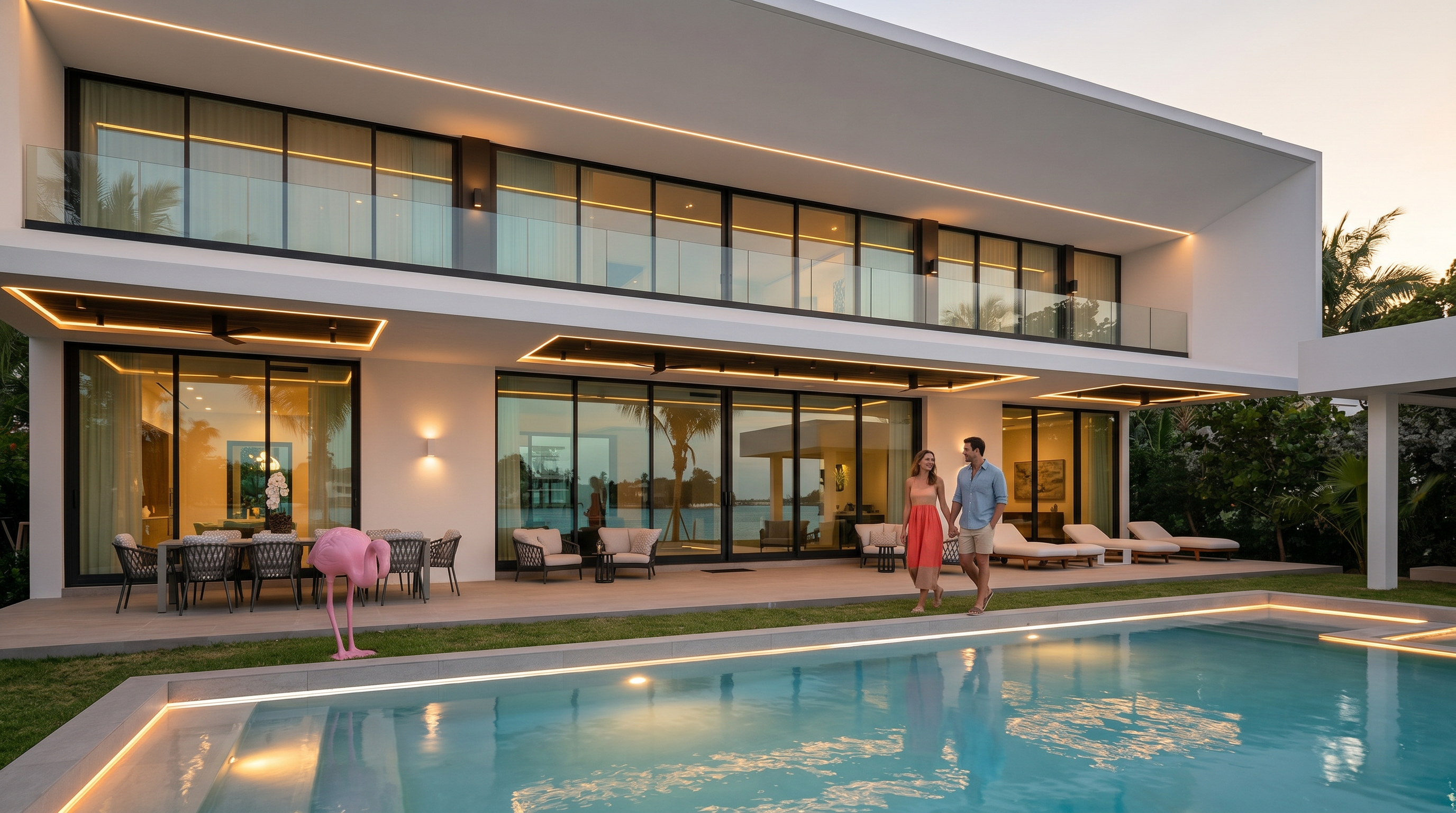This modern, two-story waterfront residence features a sleek white facade with extensive floor-to-ceiling glass walls that open onto a spacious covered patio. The outdoor living area includes a dining set, lounge chairs, and a swimming pool, all overlooking a serene bay with a view of distant homes. A whimsical pink flamingo statue adds a playful touch to the manicured lawn, emphasizing the luxurious, resort-like atmosphere of this coastal property.