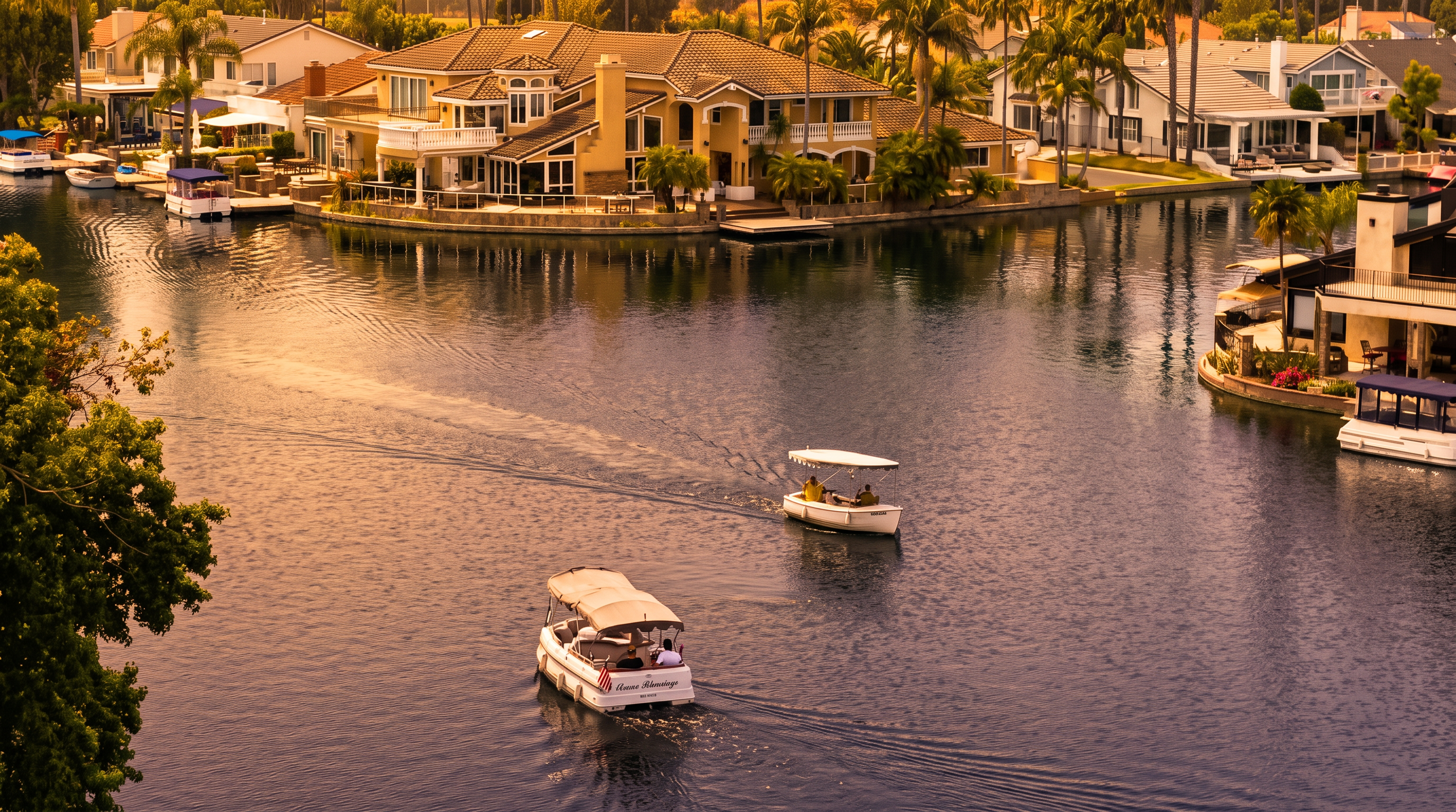 This elevated view captures a serene residential canal scene, featuring two small recreational boats cruising through calm, deep blue water. The surrounding luxury homes showcase upscale architectural details and private waterfront access, contributing to an affluent and relaxing community atmosphere. The lush greenery and well-maintained waterfront properties make this an appealing setting for high-end canal living.