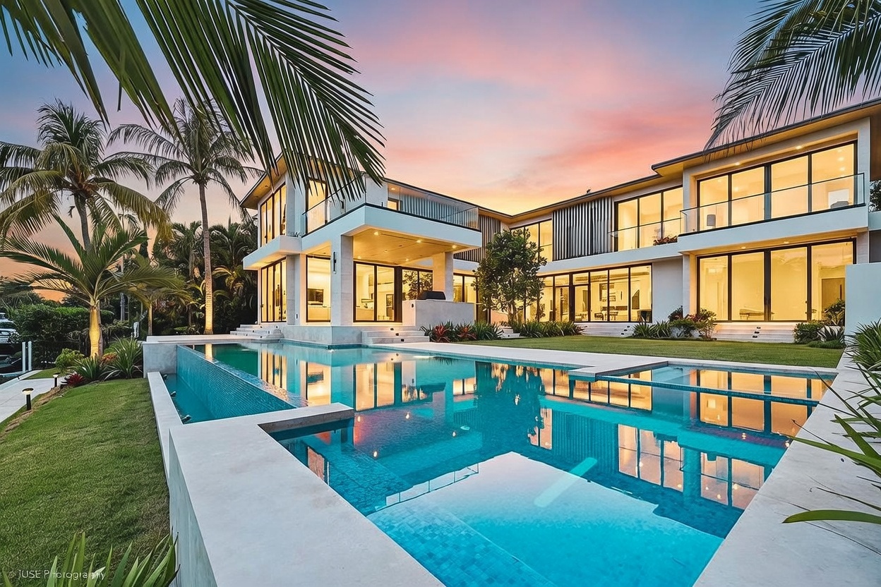 This stunning modern luxury estate is captured at dusk, showcasing a sprawling rear facade with extensive glass walls and multiple balconies. A large, geometric infinity-edge pool dominates the foreground, reflecting the vibrant sunset colors of the sky. The property features manicured landscaping and palm trees, creating a sophisticated and serene atmosphere perfect for high-end outdoor living.