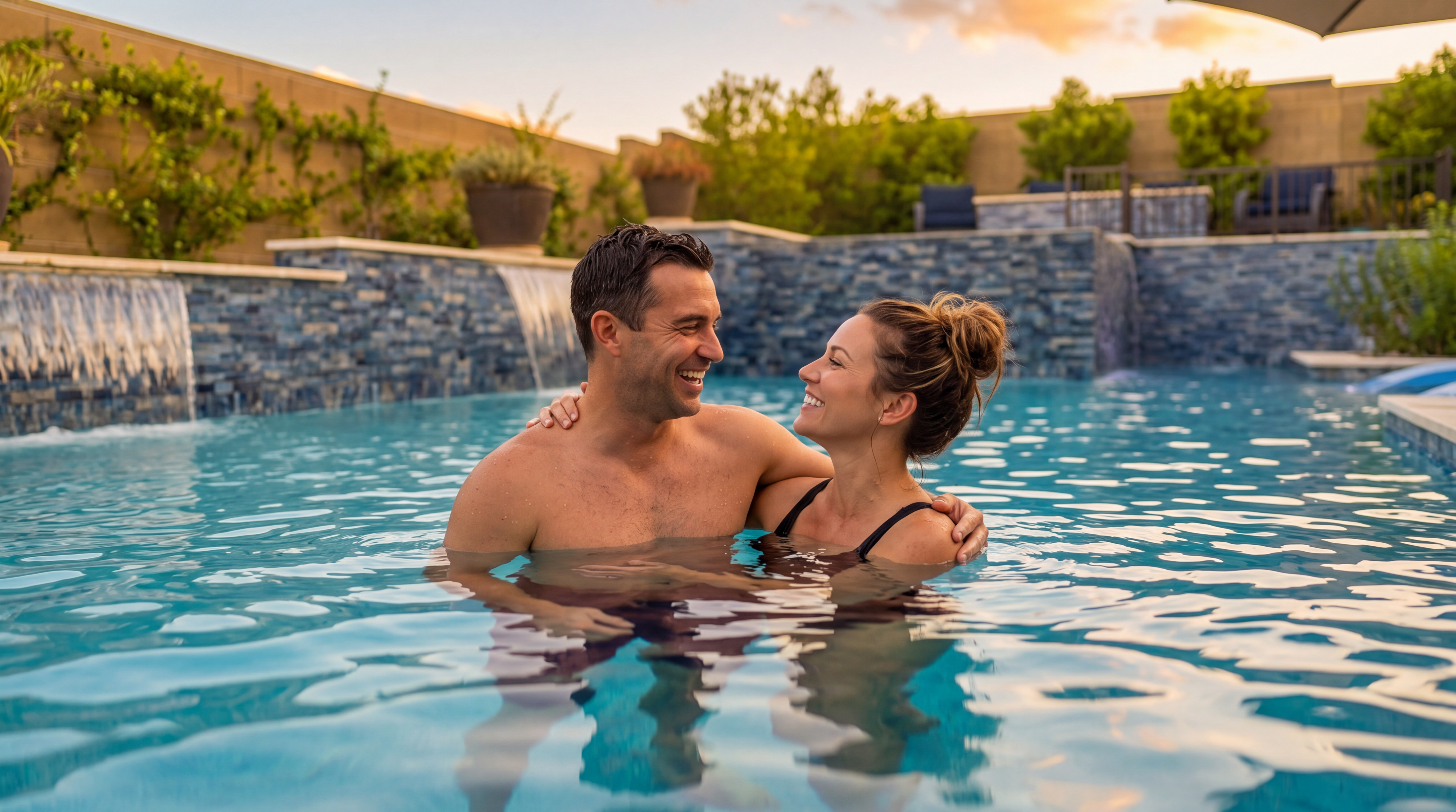 This backyard oasis features a rectangular swimming pool with a decorative stone-clad water feature wall and integrated spillways. The surrounding patio is paved with interlocking stone pavers and is furnished with blue lounge chairs and a bistro set under large umbrellas. The space is enclosed by a neutral-toned masonry wall, creating a private and inviting outdoor retreat.