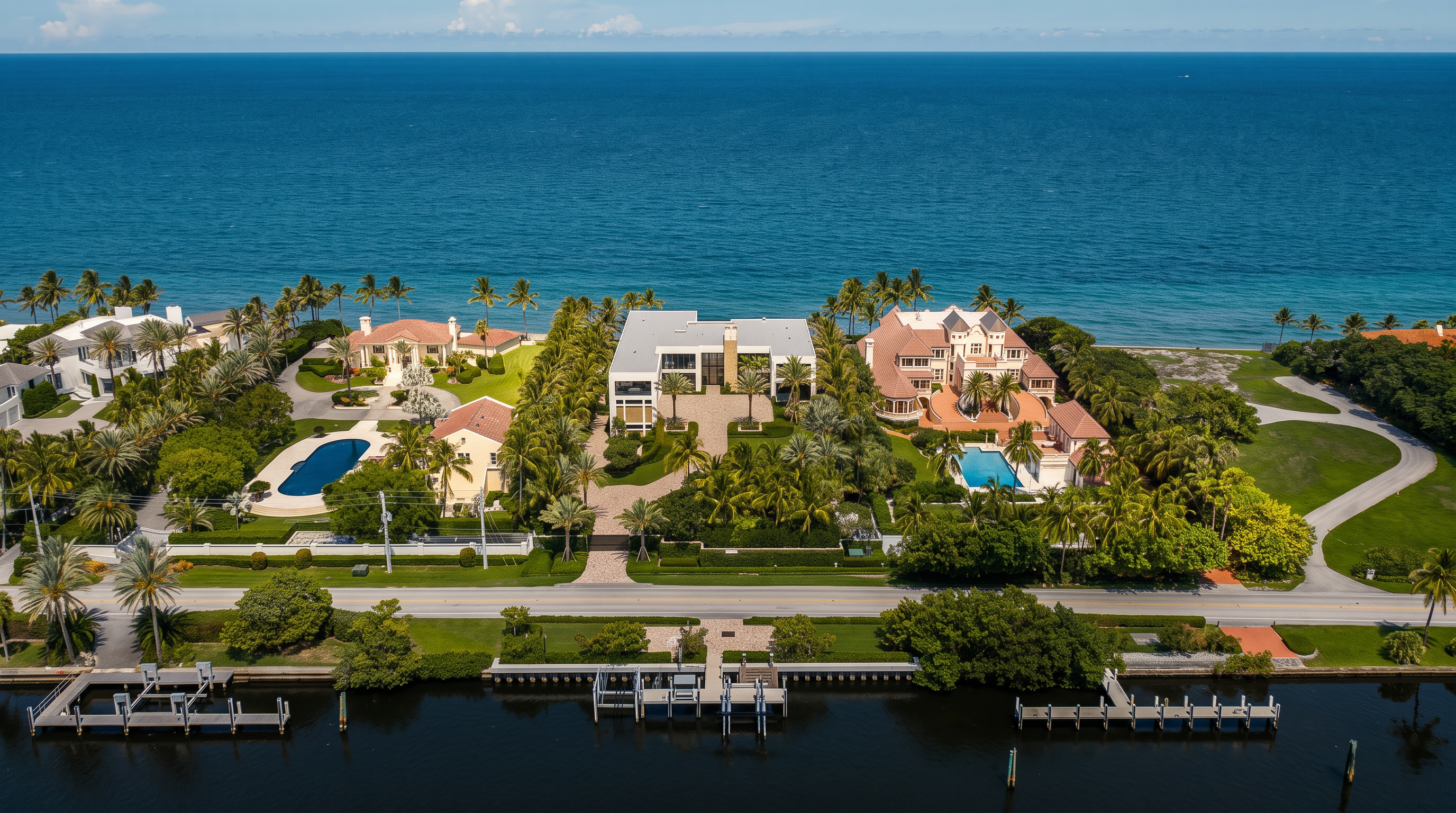 This high-angle aerial perspective captures a luxurious waterfront estate situated between a calm canal and the vast blue ocean. The property features multiple sprawling residences with private swimming pools, lush tropical landscaping, and expansive green lawns. A paved road separates the residential lots from the private boat docks lining the canal, showcasing a prime coastal lifestyle.