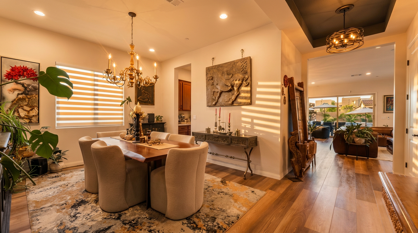 This elegant dining room features a large wooden table surrounded by six upholstered chairs, set atop a patterned area rug. A decorative chandelier hangs above the table, while a console table adorned with candles and a large wall-mounted sculpture provides a sophisticated focal point. The room flows seamlessly into an adjacent living area, creating an open and inviting atmosphere with warm wood-toned flooring throughout.