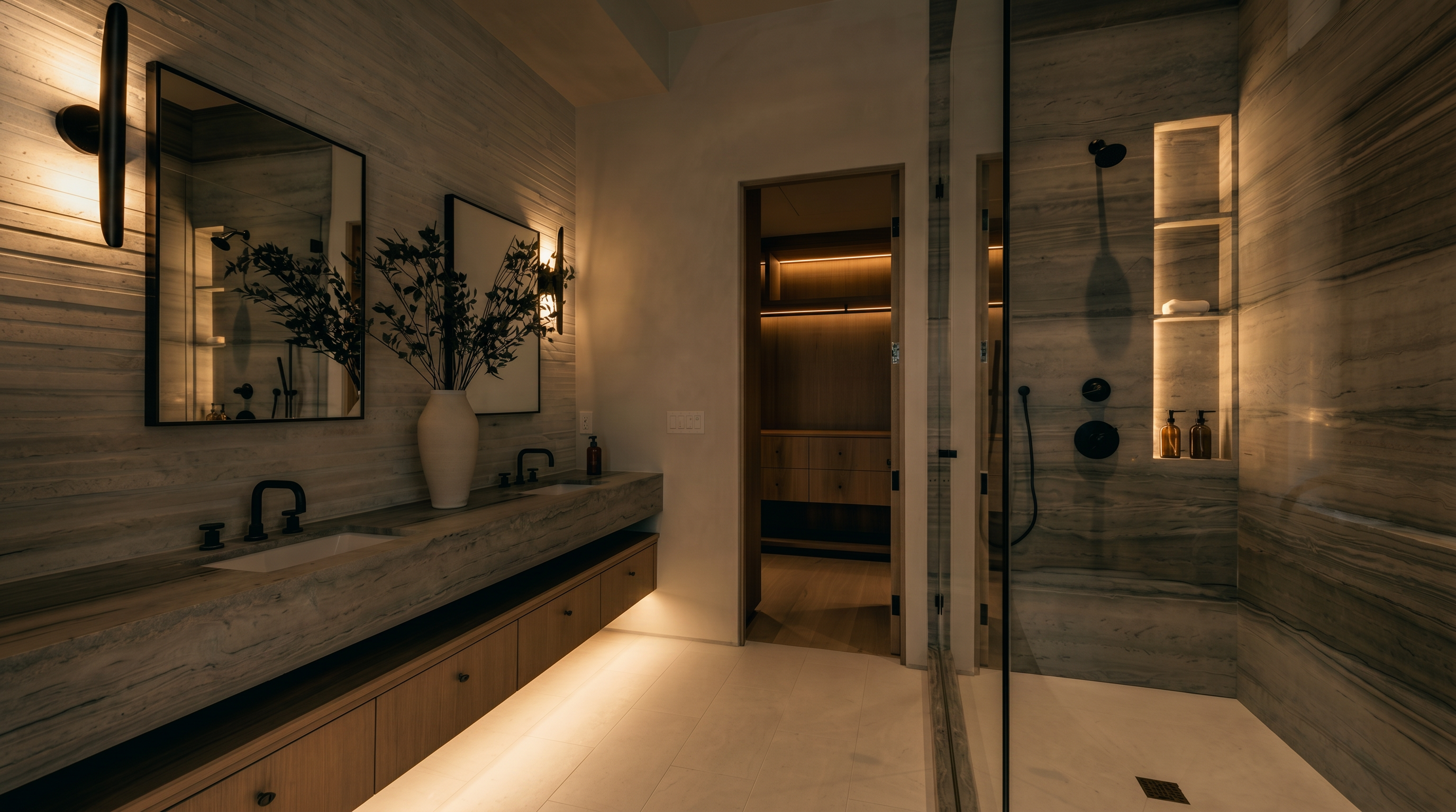 This modern primary bathroom features a long, floating vanity with a stone countertop and dual sinks, complemented by light wood cabinetry. A glass-enclosed walk-in shower with stone-tiled walls and built-in shelving sits to the right, while a doorway leads directly into a spacious walk-in closet. The room is finished with neutral, light-toned flooring and minimalist black fixtures, creating a sleek and sophisticated atmosphere.