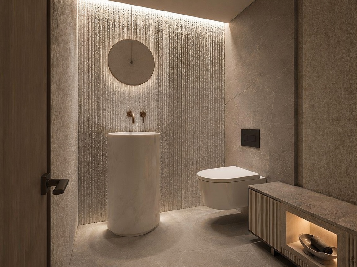 This modern powder room features a minimalist aesthetic with a cylindrical stone pedestal sink and wall-mounted bronze fixtures. The space is highlighted by a textured, vertical-slat accent wall illuminated by soft, recessed lighting, complemented by a wall-hung toilet and a low-profile vanity cabinet. The neutral color palette and clean lines create a sophisticated, spa-like atmosphere.