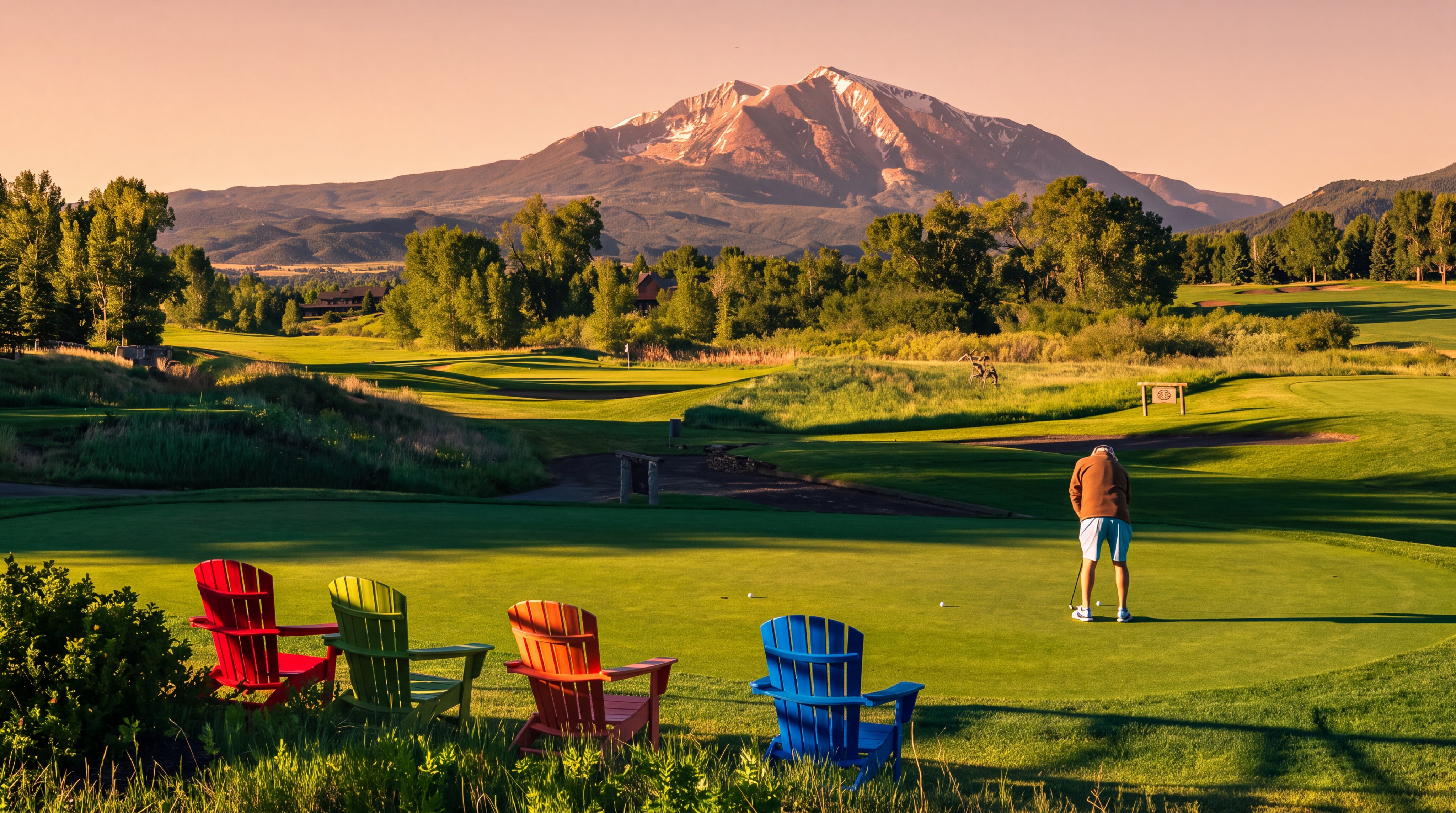 This scenic golf course amenity area offers a serene setting for recreation, featuring a well-maintained putting green and colorful Adirondack chairs for seating. The stunning mountainous backdrop and pristine landscape enhance the property's appeal, highlighting an active and luxury lifestyle experience. The view across the lush fairway toward the mountains makes it a highly desirable outdoor community feature.