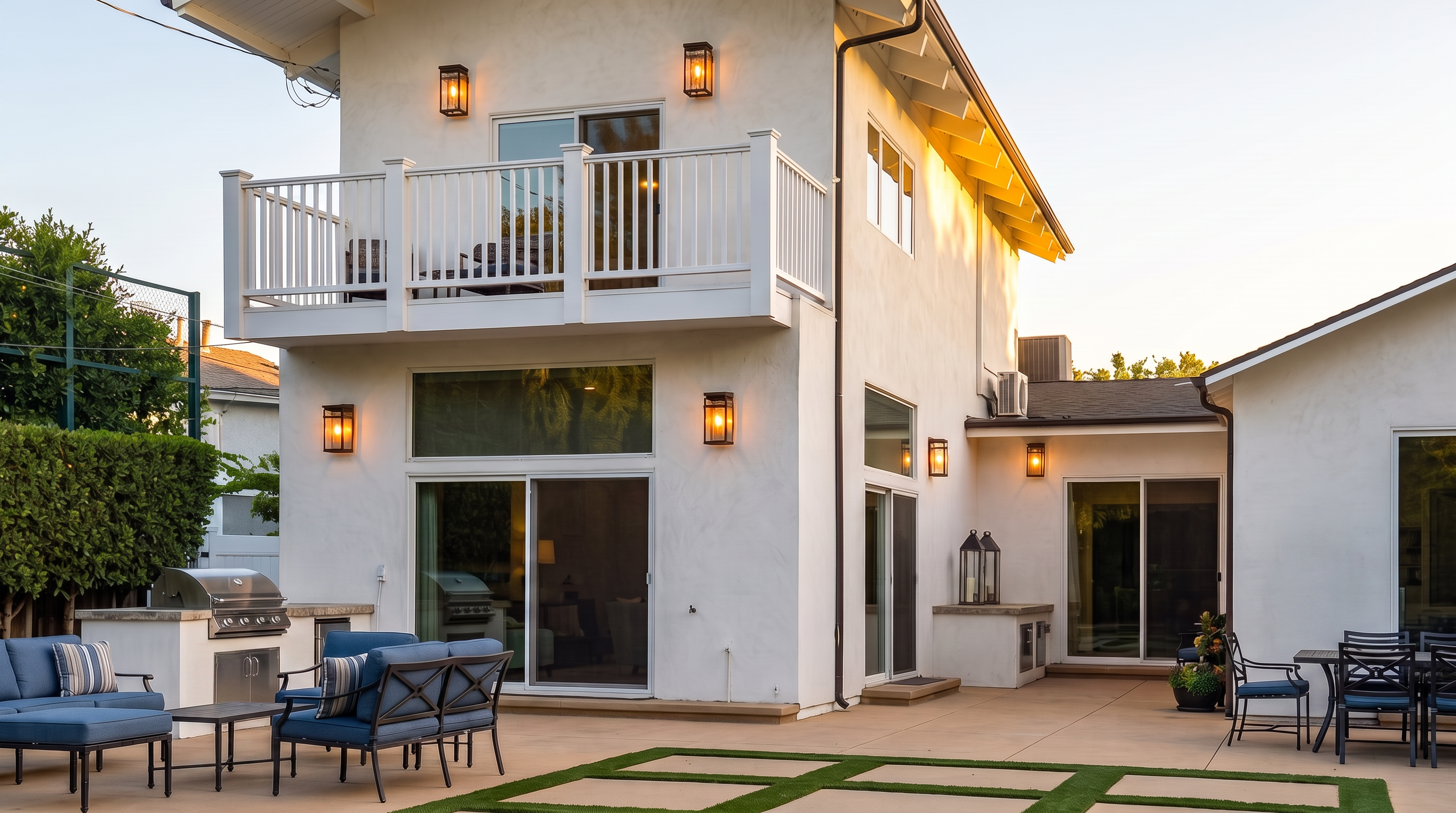 This modern, two-story residence features a spacious rear patio area designed for outdoor entertaining, complete with a swimming pool and built-in hot tub. The landscape includes a sleek, geometric grass and paver inlay, comfortable lounge seating, and an outdoor dining set under the eaves. The exterior boasts a crisp white facade with a balcony on the second floor, presenting a resort-like atmosphere ideal for luxury living.