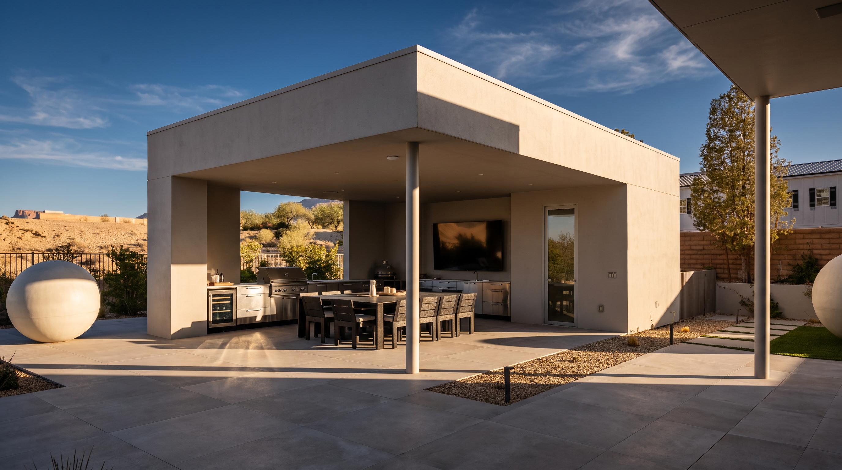 This modern outdoor living space features a covered pavilion with a built-in kitchen, stainless steel appliances, and a large dining table. The area is paved with light-colored stone tiles and includes a wall-mounted television, creating an ideal setting for alfresco dining and entertainment. The open-air design seamlessly connects to the surrounding desert landscape, offering a sleek and contemporary aesthetic.