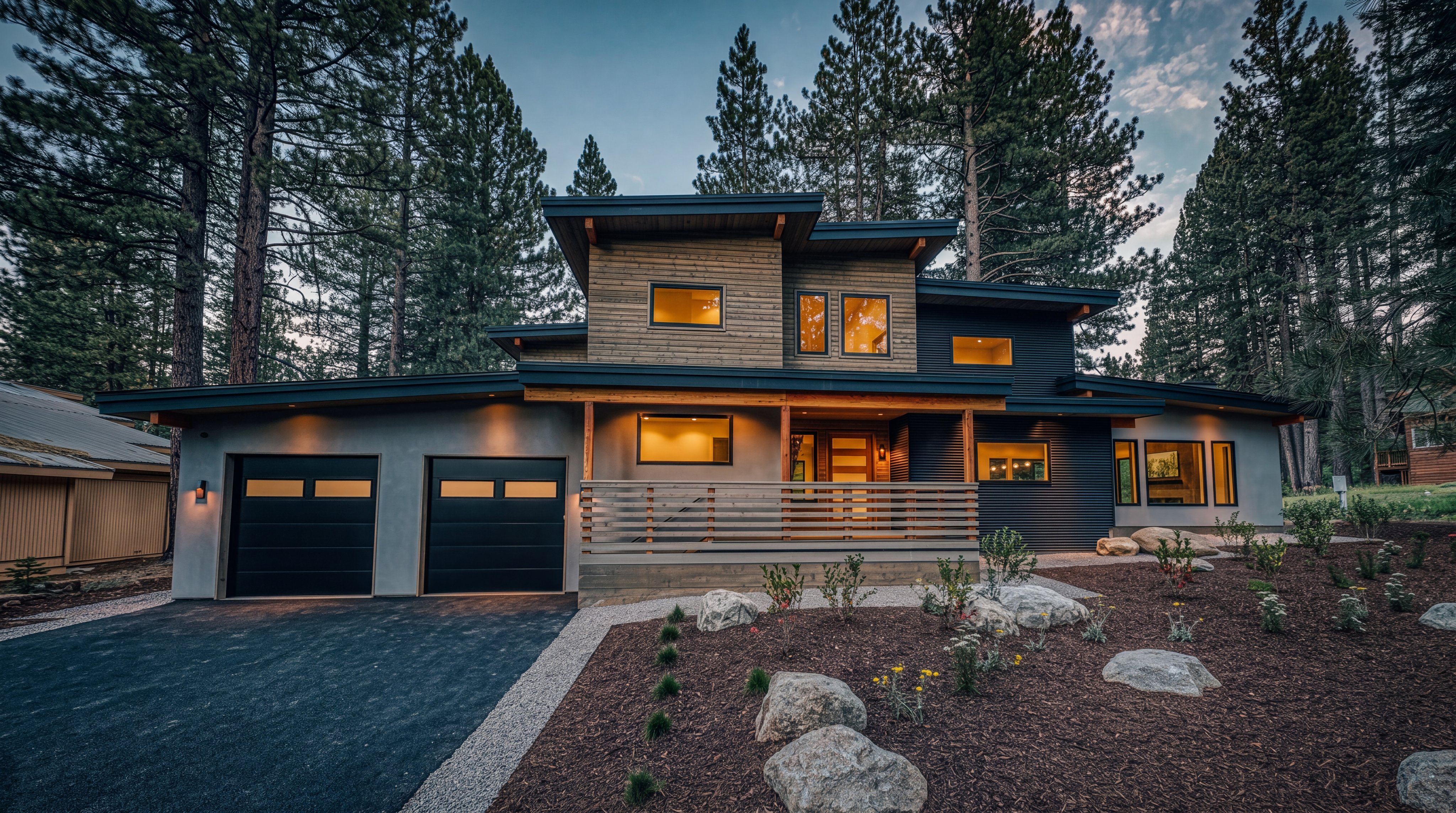 This modern mountain home features a striking multi-level design with a mix of horizontal wood siding, dark corrugated metal, and smooth stucco finishes. The front facade includes a two-car garage, a covered entryway with a horizontal slat railing, and large windows that glow with warm interior lighting. Set against a backdrop of tall pine trees, the property is complemented by a landscaped yard with decorative rocks and mulch.