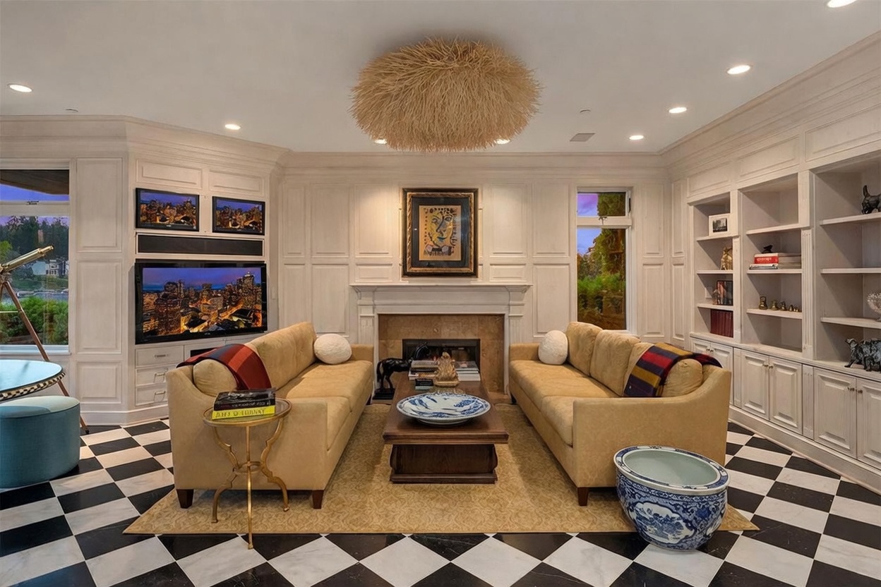 This elegant living room features a striking black-and-white checkered floor and a central seating area with two tan sofas facing a fireplace. The room is accented by built-in shelving, a unique textured pendant light, and a large television mounted above the fireplace mantel. Large windows on either side of the fireplace provide natural light and views of the outdoors, creating a sophisticated and balanced atmosphere.