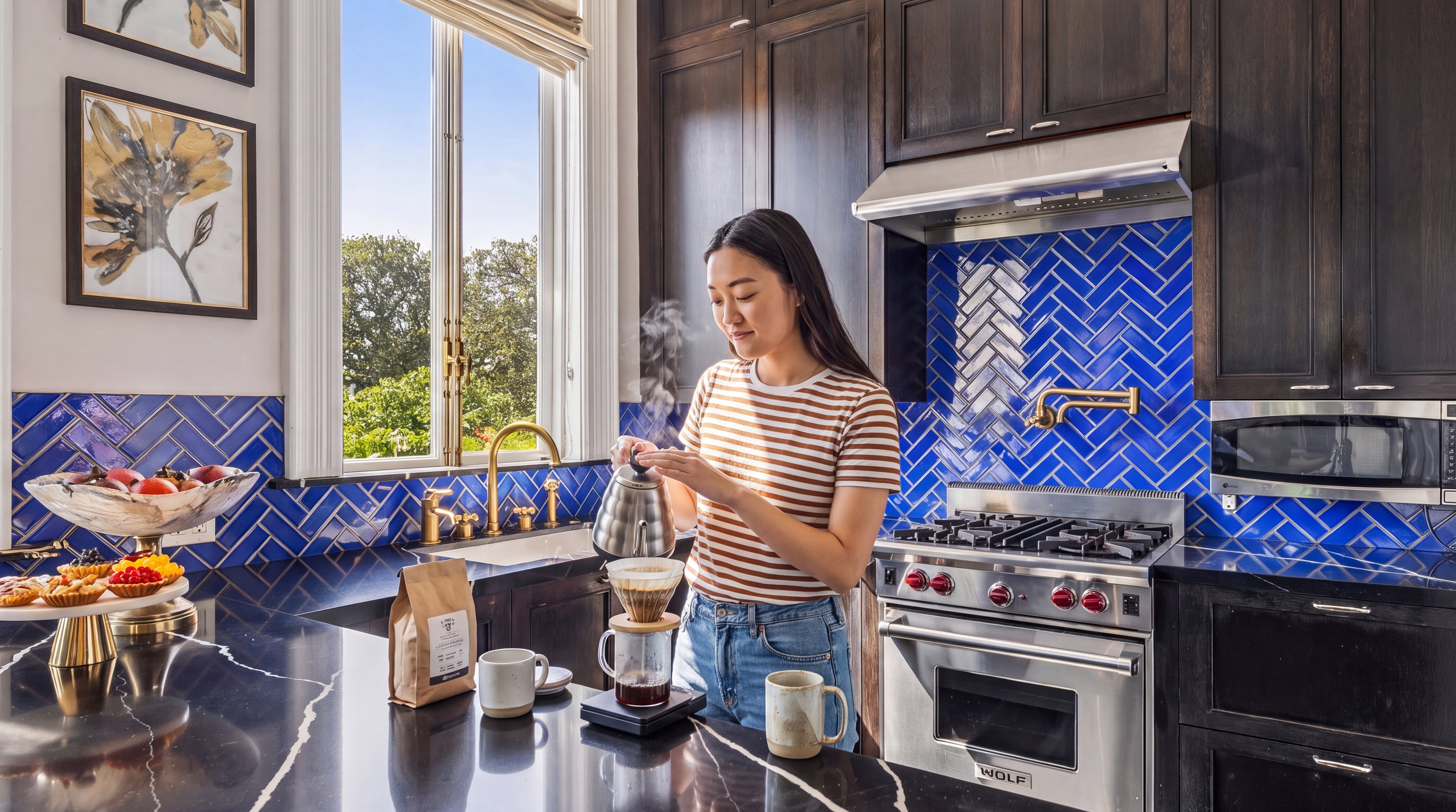 This elegant kitchen features dark cabinetry paired with striking blue herringbone-patterned tile backsplashes and dark stone countertops with white veining. A professional-grade stainless steel range and a pot filler faucet highlight the cooking area, while a large window above the sink provides natural light and a view of the outdoors. The space is accented by framed botanical art on the wall, creating a sophisticated and polished aesthetic.