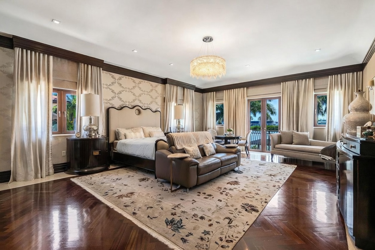 This luxurious primary bedroom features rich, dark hardwood floors in a herringbone pattern and elegant patterned wallpaper behind a large, upholstered bed. The room is anchored by a central leather sofa, a crystal chandelier, and floor-to-ceiling curtains that frame views of the outdoors. The space exudes a sophisticated, high-end atmosphere with classic architectural details and refined furnishings.