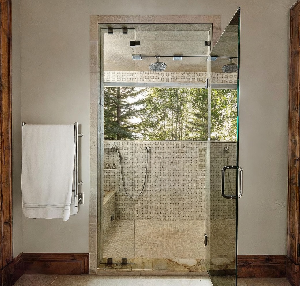 This primary bathroom features a spacious walk-in shower enclosed by a glass door, showcasing intricate patterned tile work on the walls and floor. A large window within the shower area provides a serene view of the surrounding trees, while a wall-mounted towel warmer sits conveniently to the left. The perspective is centered on the shower entrance, highlighting the clean, modern design and the seamless integration of natural light.