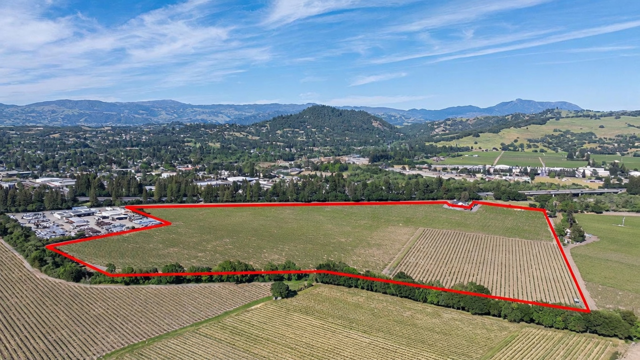 This high-angle aerial view captures a sprawling vineyard property outlined in red, showcasing extensive rows of grapevines across a large, flat landscape. The property is situated near a commercial area with a parking lot and highway, set against a backdrop of rolling hills and distant mountains under a clear blue sky. The perspective provides a comprehensive overview of the land's scale and its proximity to surrounding infrastructure.