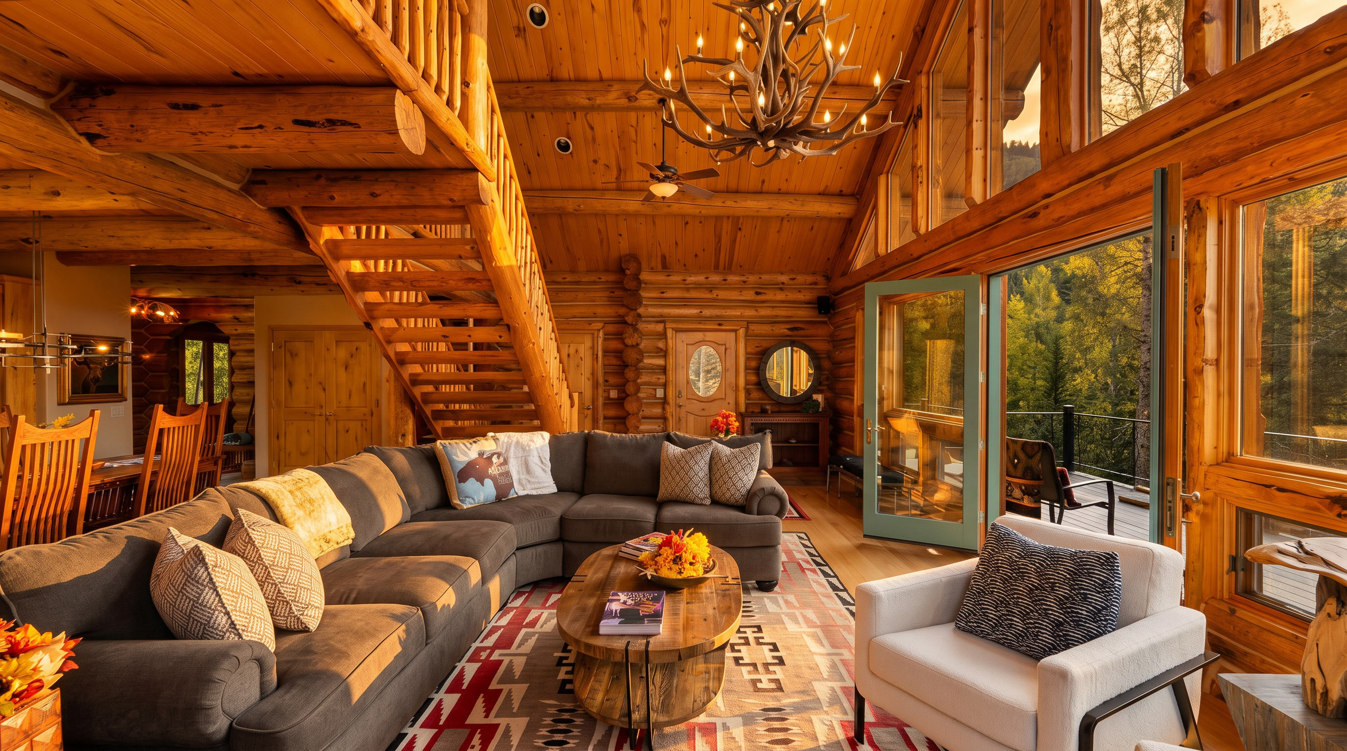 This spacious, rustic living room features exposed log walls, a vaulted wood-paneled ceiling, and a grand antler chandelier. A large sectional sofa sits atop a patterned area rug, centered around a circular wooden coffee table, while a light-colored armchair provides additional seating. Large windows and glass doors offer an expansive view of the surrounding forest, creating a bright and airy atmosphere that blends indoor comfort with the natural landscape.