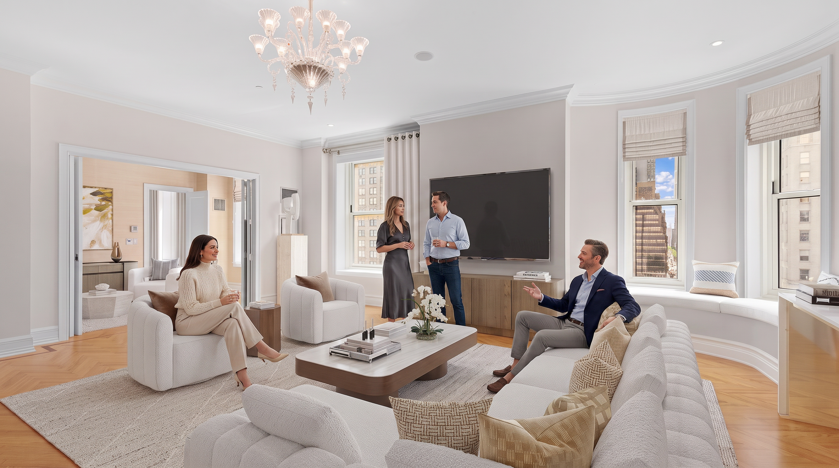This sophisticated and spacious living room features an elegant, light-filled layout with high-end finishes, including herringbone hardwood floors and a striking crystal chandelier. The room is anchored by a comfortable, modern seating arrangement, a minimalist coffee table, and a large wall-mounted television, creating a welcoming and upscale environment perfect for entertaining. Large, curved bay windows provide abundant natural light and picturesque urban views, highlighting the room's luxurious and refined aesthetic.