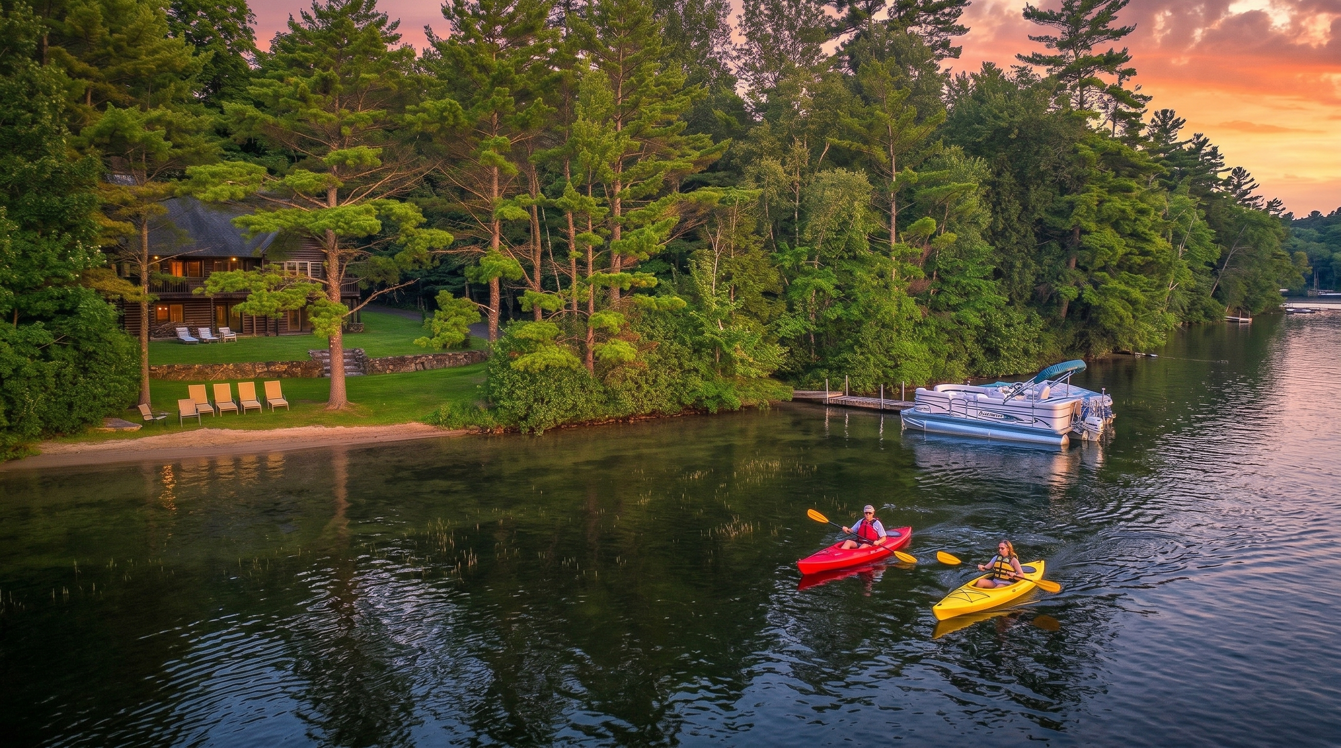 This aerial perspective captures a serene lakeside retreat nestled within a dense, lush forest at sunset. The property features a rustic log-style home situated on a manicured lawn, complete with a sandy beach area and a private dock holding a pontoon boat. The warm, golden hues of the twilight sky reflect beautifully off the calm water, creating a peaceful and inviting atmosphere.