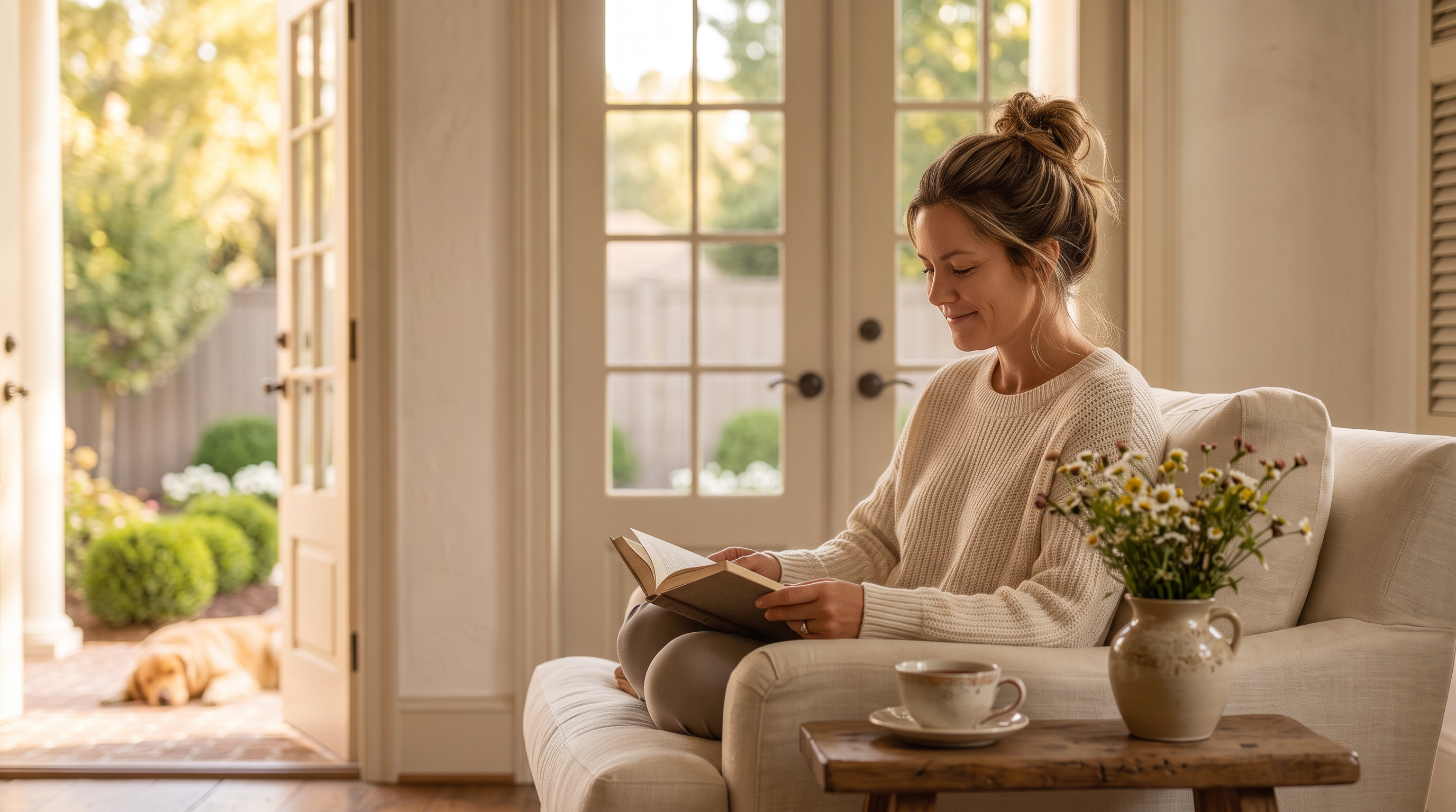 This cozy and inviting living room features a warm, neutral color palette with exposed wooden ceiling beams and elegant French doors that open to a sunny patio. The space is anchored by a stone fireplace with built-in bookshelves and a comfortable sitting area where a person is relaxing with a book. The serene atmosphere, combined with the view of a sleeping dog on the terrace, emphasizes a peaceful and high-quality lifestyle.