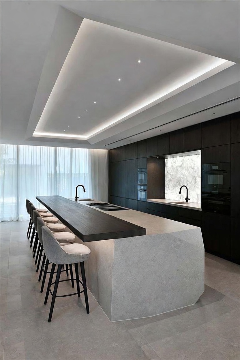 This sleek, modern kitchen features a large, multi-level island with a light-toned stone base and a dark wood-toned breakfast bar. Dark, full-height cabinetry lines the back wall, accented by a backlit stone backsplash and integrated appliances. The room is illuminated by a recessed tray ceiling with ambient lighting, and floor-to-ceiling sheer curtains provide a soft, diffused light from the adjacent window wall.