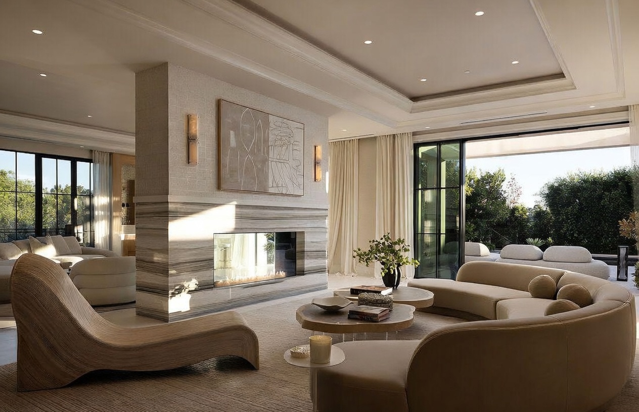 This sophisticated living room features a central stone-clad chimney breast that acts as a room divider, showcasing a linear fireplace. The space is furnished with curved, neutral-toned sofas and a sculptural wooden lounge chair, all arranged on a textured area rug. Large sliding glass doors open to an outdoor terrace, allowing natural light to fill the room and creating a seamless transition between indoor and outdoor living areas.