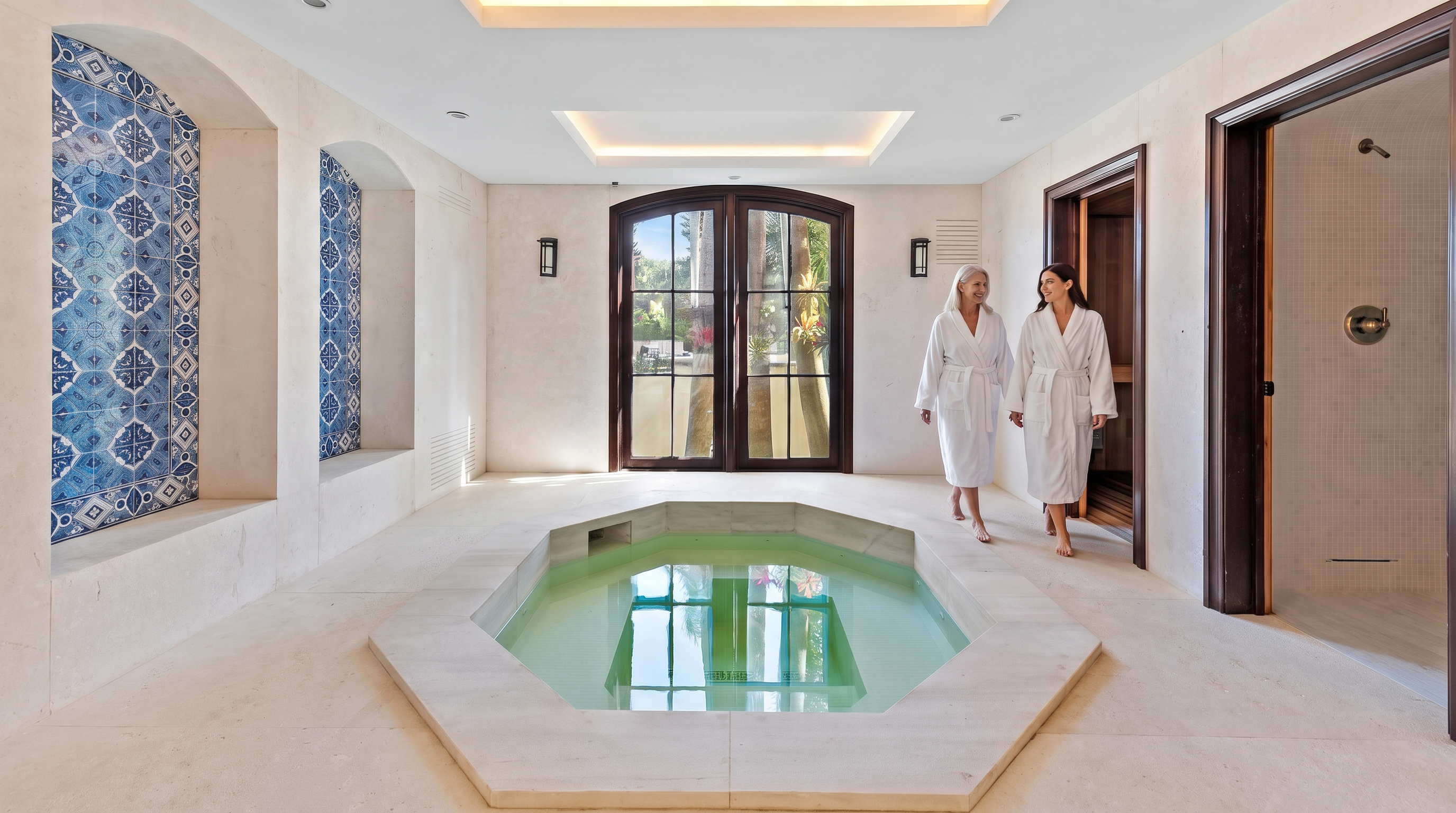 This luxurious indoor spa area features a central, octagonal stone-rimmed plunge pool as its focal point. The room is accented by intricate blue and white patterned tile work on the left wall, contrasting with the neutral stone flooring and walls. Large arched glass doors at the rear provide a view of the outdoors, while recessed lighting in the tray ceiling adds a soft, ambient glow to the sophisticated space.