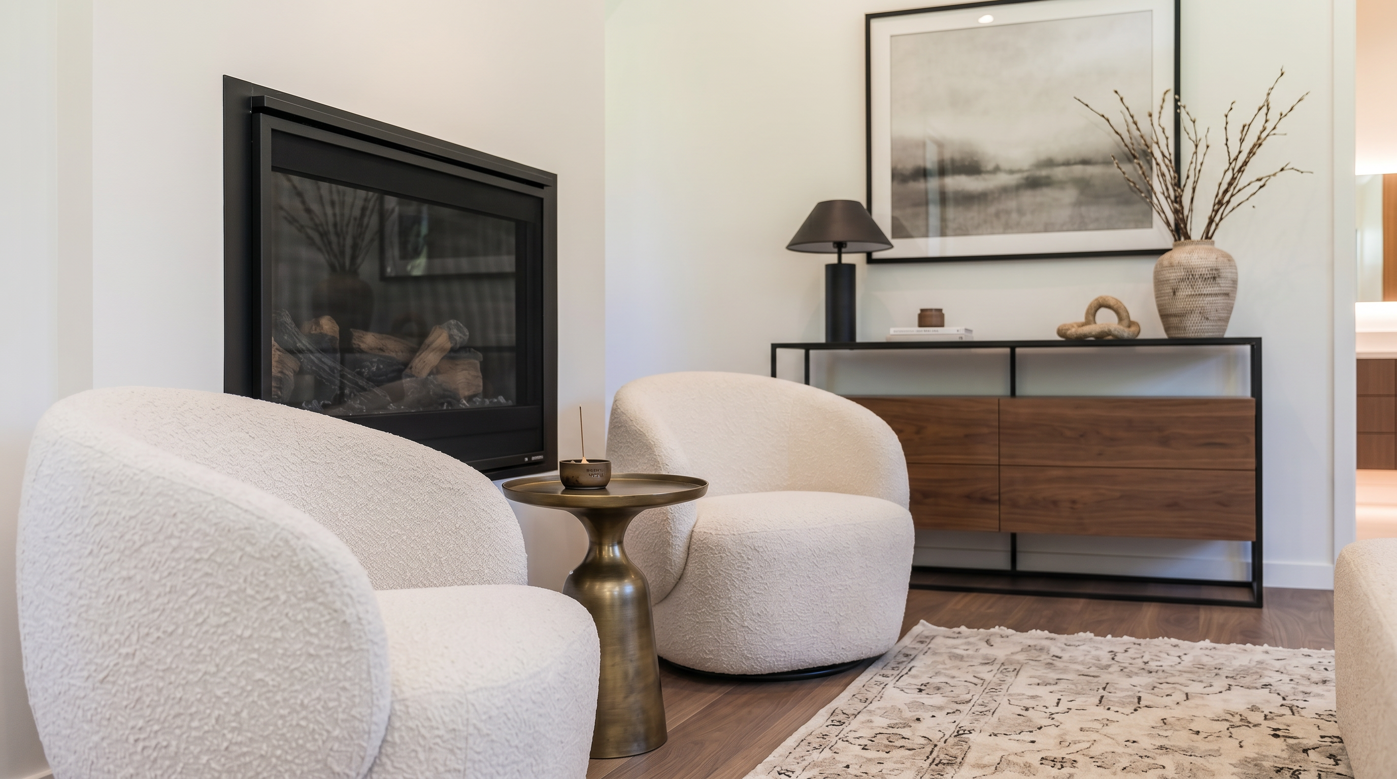 This cozy and sophisticated living space features two cream-colored textured armchairs arranged around a round metallic side table. A sleek black fireplace insert provides a modern focal point, complementing the dark wood sideboard and framed artwork on the adjacent wall. The inclusion of a patterned area rug and natural decor elements creates a warm and inviting atmosphere, perfect for a contemporary residential setting.