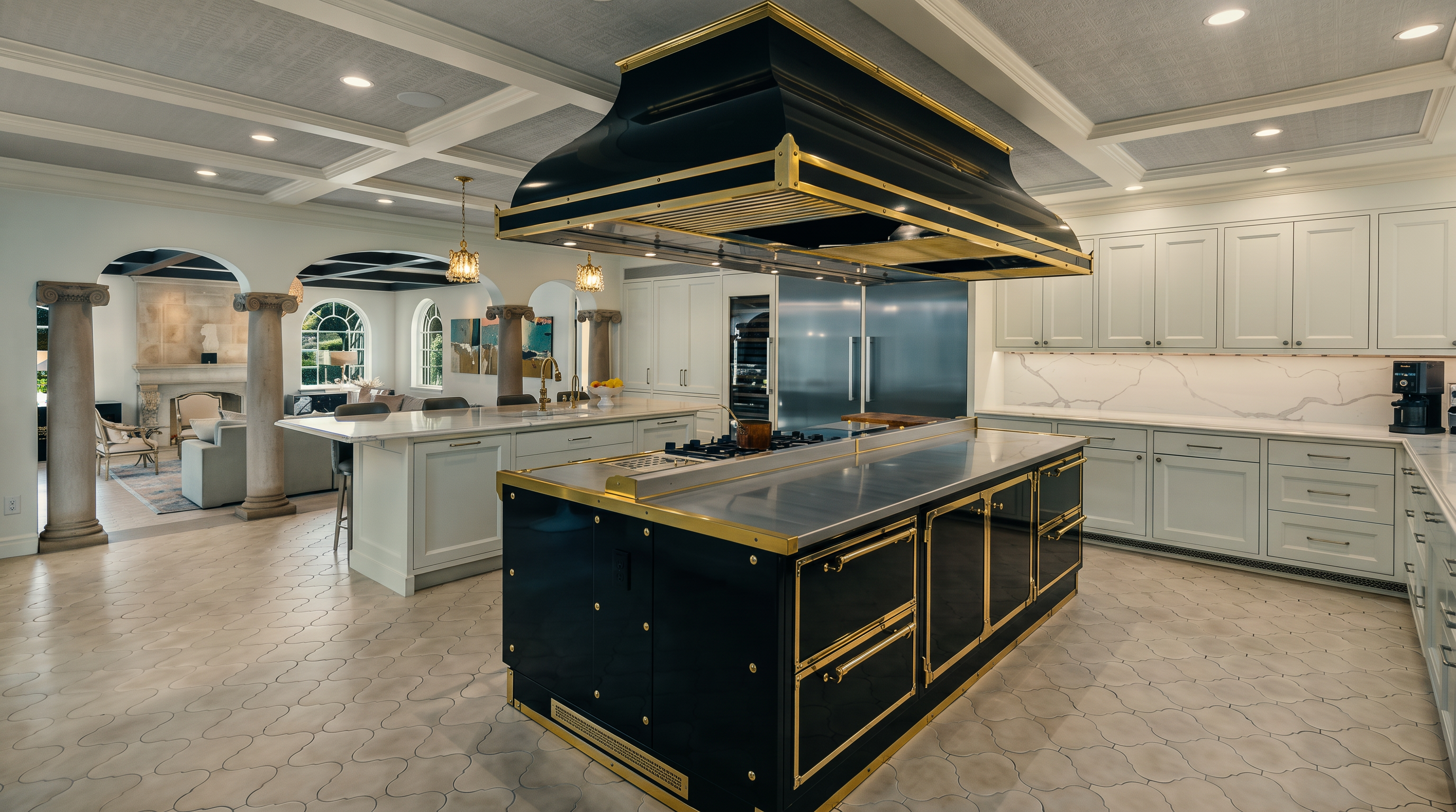 This expansive, high-end kitchen features a prominent black and gold professional-style range island topped with a metal surface, positioned beneath a matching oversized black and gold range hood. The space is defined by light-colored cabinetry, a secondary island with bar seating, and a coffered ceiling with recessed lighting. In the background, arched openings with decorative columns lead into a living area, creating an open-concept layout with a sophisticated, classic aesthetic.