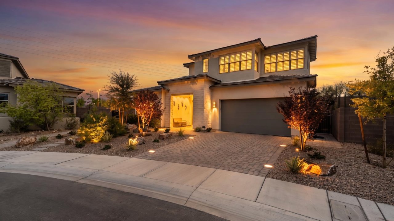 This modern two-story residence features a striking architectural design with a combination of light-colored stone and smooth stucco finishes. The front facade includes a recessed entryway with warm lighting, a spacious paver driveway leading to a multi-car garage, and a desert-inspired landscape with mature trees and accent lighting. The image is captured at dusk, highlighting the home's clean lines and the inviting glow of the interior and exterior lights against a soft twilight sky.
