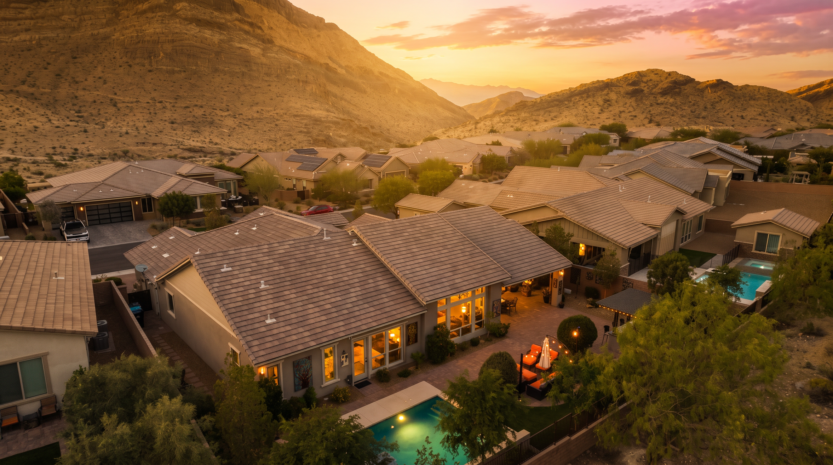 This aerial view captures a contemporary residential home set against a dramatic desert mountain backdrop during sunset. The property features a landscaped backyard with a private swimming pool, a spacious brick-paved patio with outdoor seating, and a covered lounge area. The overall scene conveys a high-end, tranquil desert living experience.