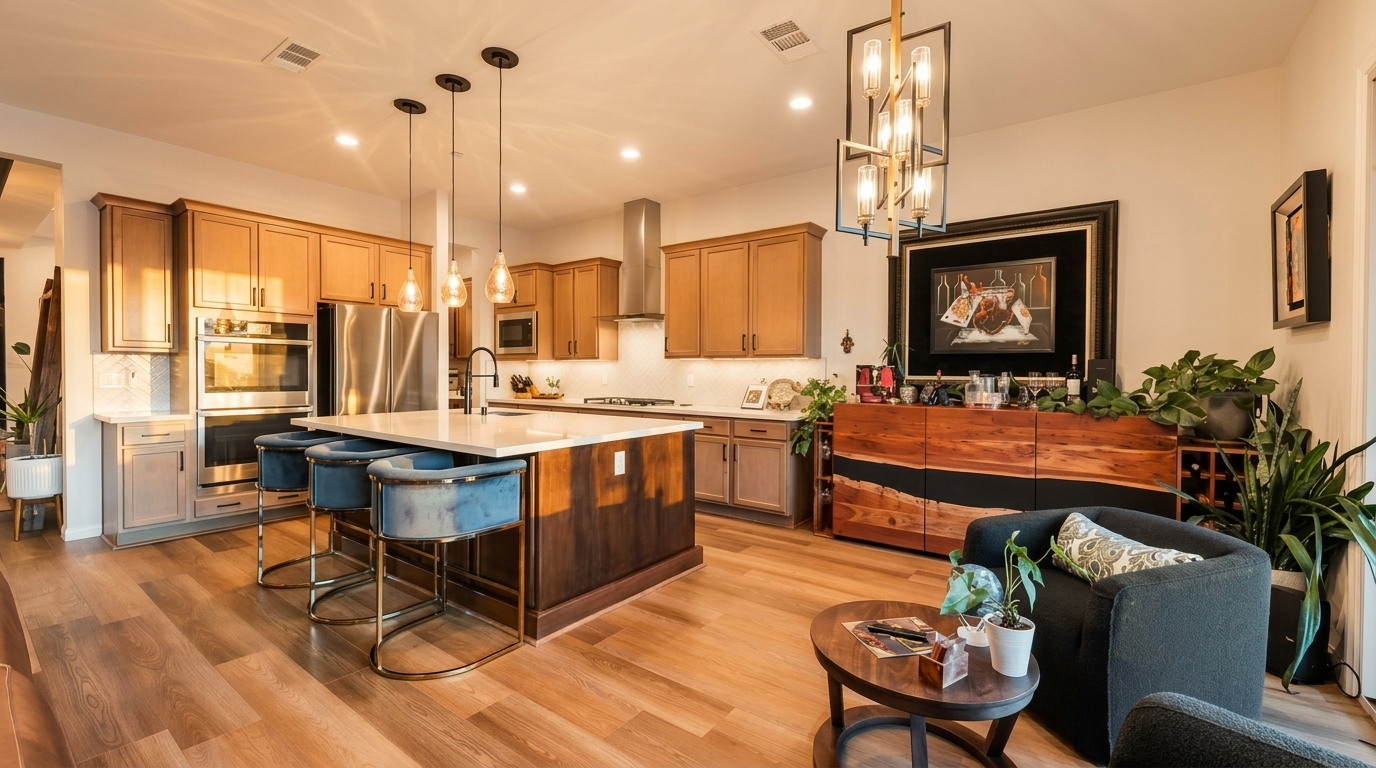 This open-concept kitchen features a large central island with blue velvet bar stools, light wood cabinetry, and stainless steel appliances. The space flows into a cozy seating area with a round coffee table and dark armchairs, accented by a decorative sideboard and a large framed artwork. The room is illuminated by modern pendant lights and recessed lighting, creating a warm and inviting atmosphere.
