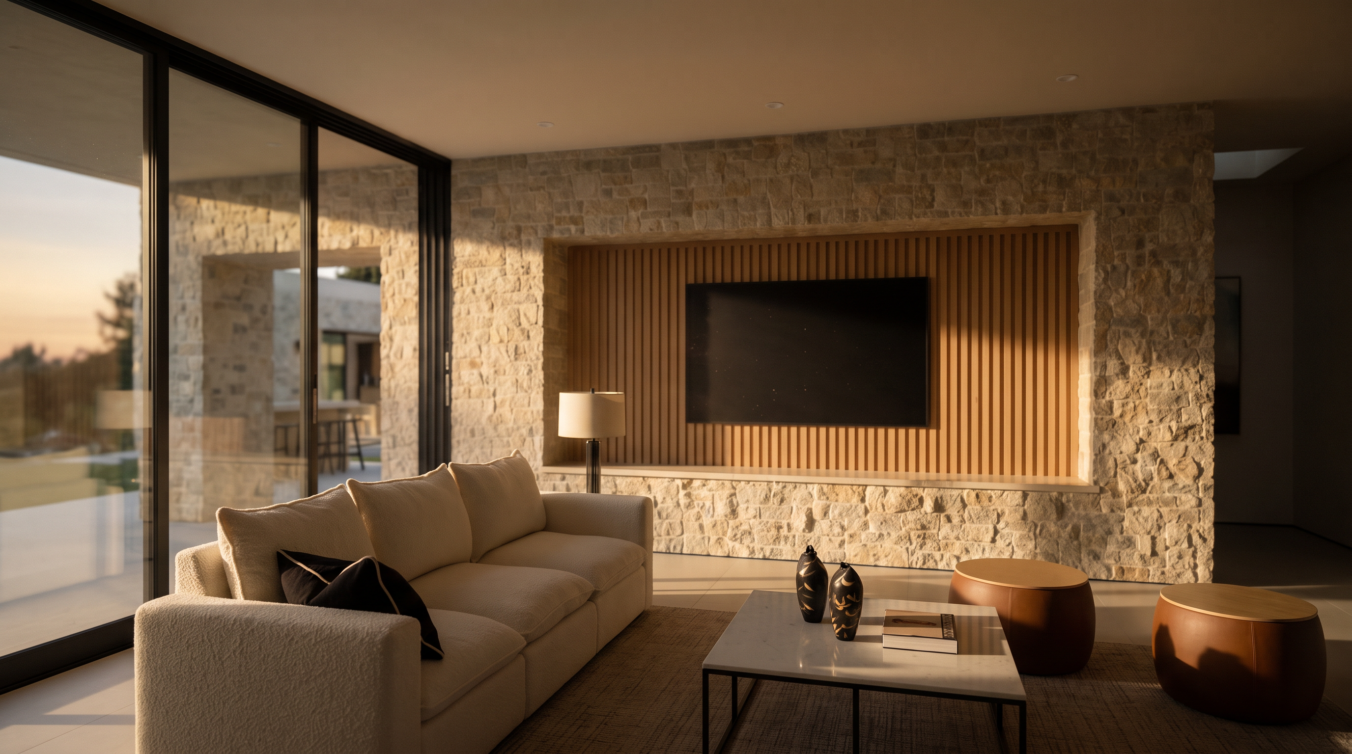 This contemporary living room features a striking accent wall clad in textured stone with a recessed, vertical wood-slat panel housing a wall-mounted television. A plush, cream-colored sofa sits on a textured area rug, facing a marble-topped coffee table adorned with decorative vases. The space is bathed in warm, natural light, creating an inviting and sophisticated atmosphere with a seamless transition to an outdoor area through large glass doors.
