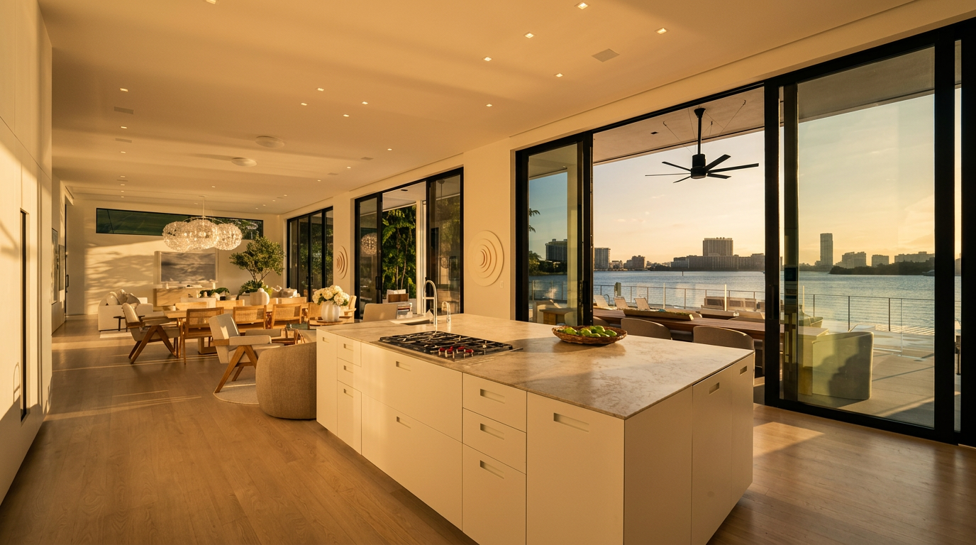 This bright, open-concept kitchen features a large central island with a stone countertop and integrated gas cooktop, serving as the focal point of the space. The room is characterized by minimalist white cabinetry, light wood flooring, and expansive glass sliding doors that provide a seamless transition to an outdoor terrace with water views. The perspective captures the kitchen in the foreground, looking past a dining area toward the waterfront, creating an airy and sophisticated atmosphere.