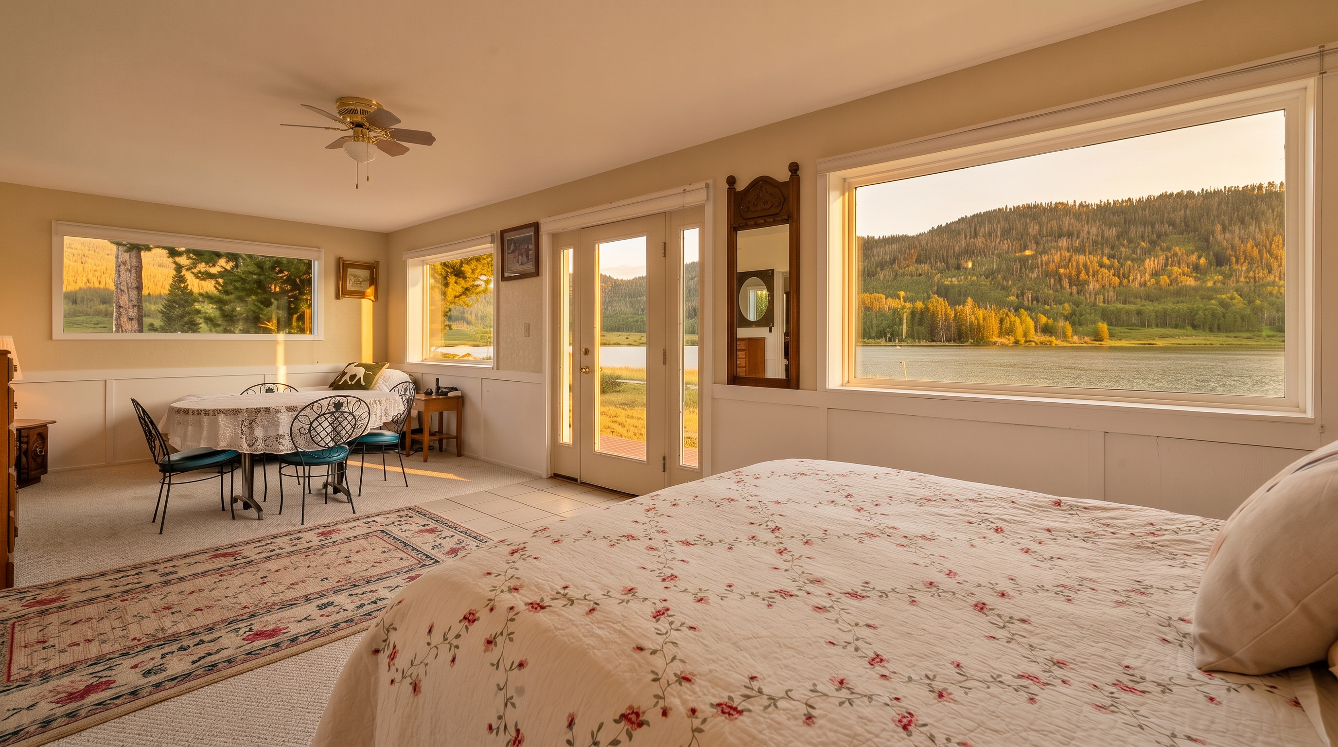 This bright bedroom features a large bed with a floral patterned quilt, positioned to take advantage of the expansive lake and mountain views through a wide window. A small dining area with a round table and chairs is tucked into the corner, creating a versatile living space. The room is finished with neutral walls, white wainscoting, and a ceiling fan, offering a serene and scenic atmosphere.