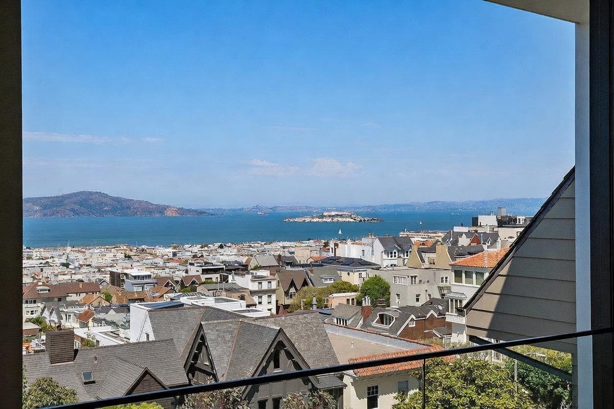 This image captures a sweeping, elevated view from a balcony, showcasing a dense urban landscape leading out to a vast bay and distant hills. The foreground features a sleek glass railing that provides an unobstructed perspective of the city rooftops and the iconic island landmark in the water. The bright, clear sky emphasizes the expansive nature of this outdoor space, making it an ideal vantage point for enjoying panoramic scenery.