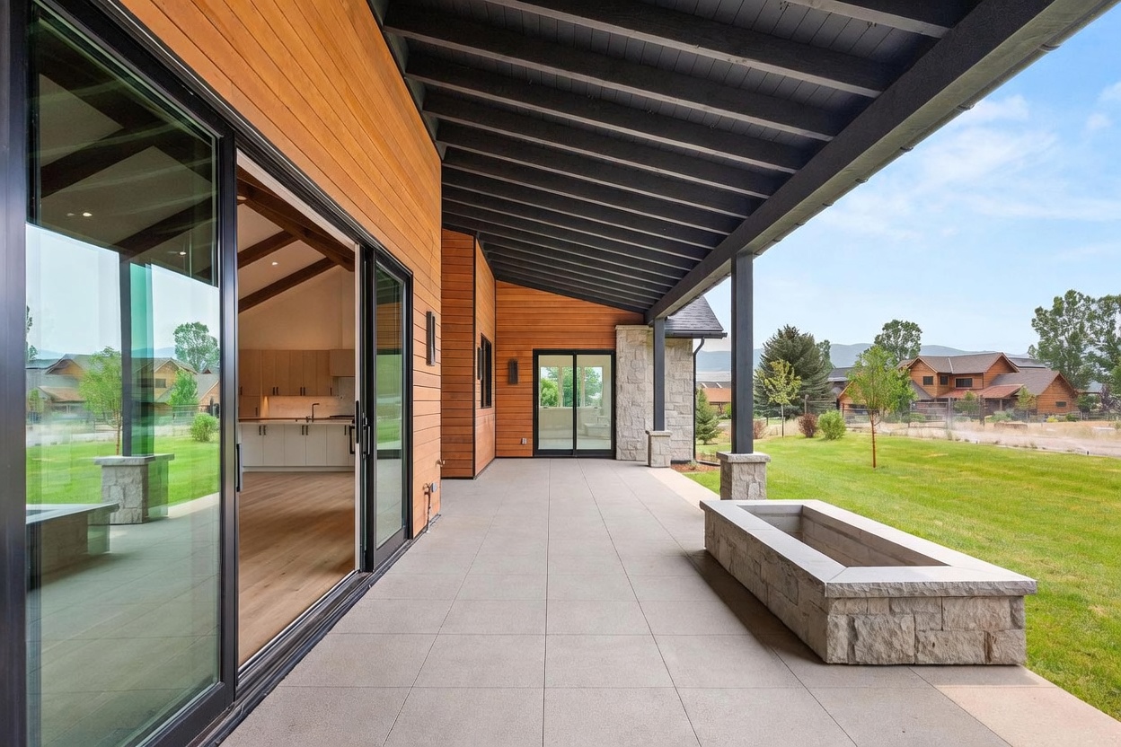 This spacious covered patio features large, light-colored stone tiles and a built-in stone fire pit, creating an inviting outdoor living space. The area is sheltered by a dark-toned, exposed-beam ceiling and is connected to the home's interior through expansive sliding glass doors that reveal a modern kitchen. The scene offers a serene view of a lush green lawn and neighboring homes, emphasizing a seamless transition between indoor and outdoor living.