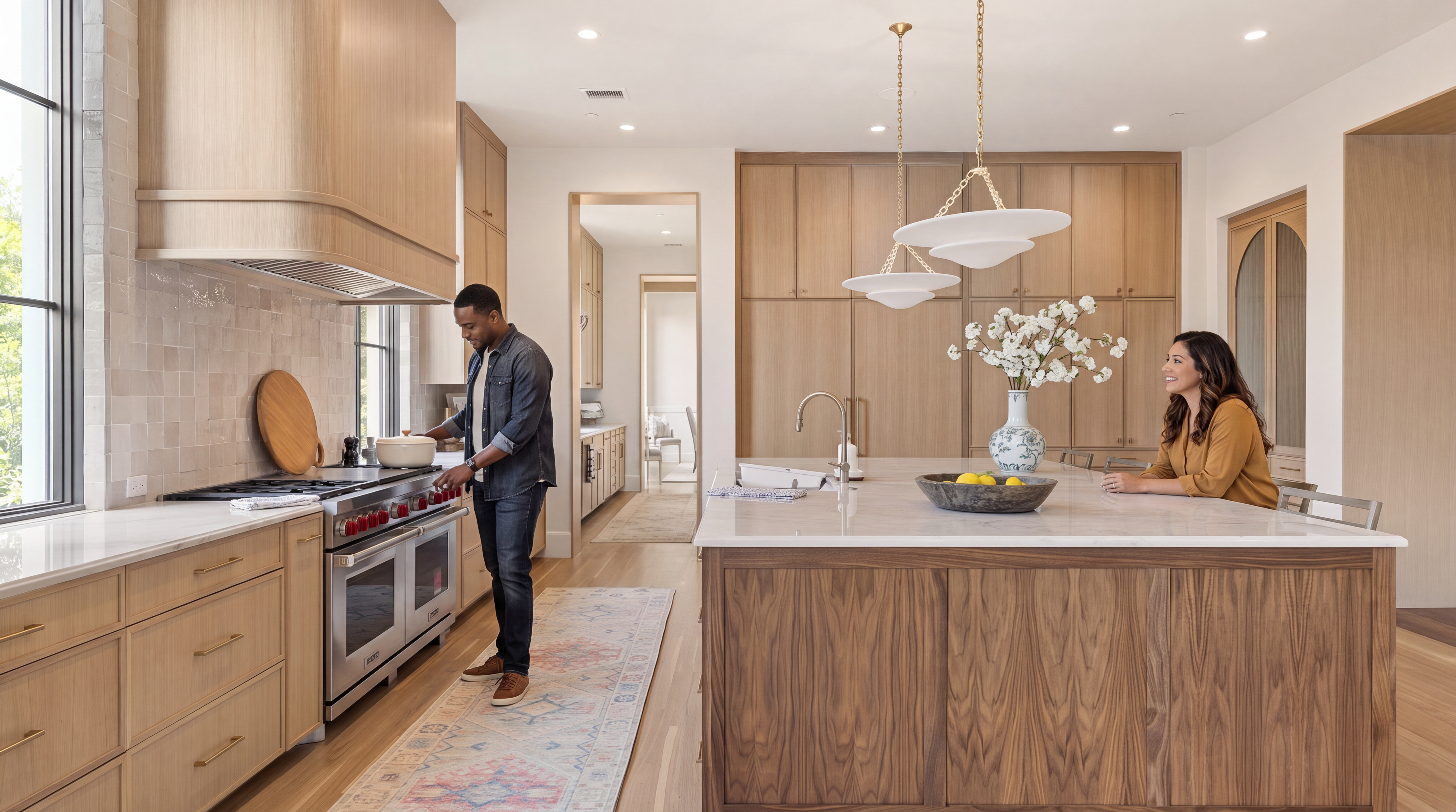 This stunning contemporary kitchen features light oak cabinetry, a large marble-topped island with bar seating, and high-end stainless steel appliances. The warm wood tones and gold accents create an inviting atmosphere, while an open layout connects the cooking space to adjacent areas. With professional-grade finishes and elegant pendant lighting, this kitchen is designed as both a functional workspace and a sophisticated social hub.