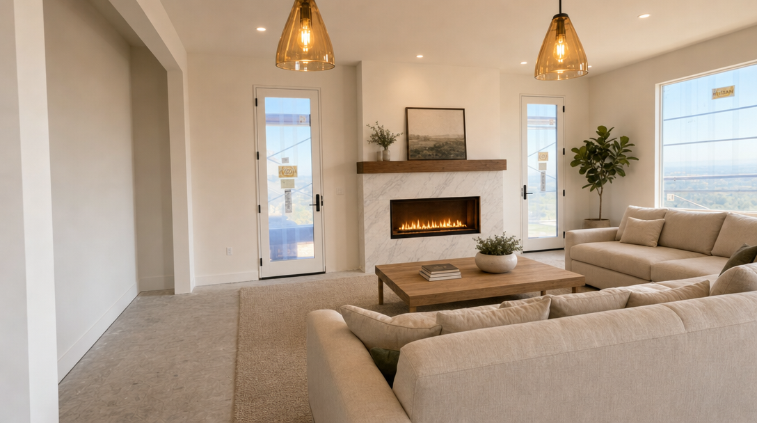 This modern living room features a clean, minimalist design centered around a sophisticated marble-surround fireplace with a natural wood mantel. The space is anchored by a plush, neutral-toned sectional sofa and a sleek coffee table, illuminated by warm gold pendant lighting. Large windows and glass doors frame the room, providing abundant natural light and highlighting the bright, airy atmosphere.